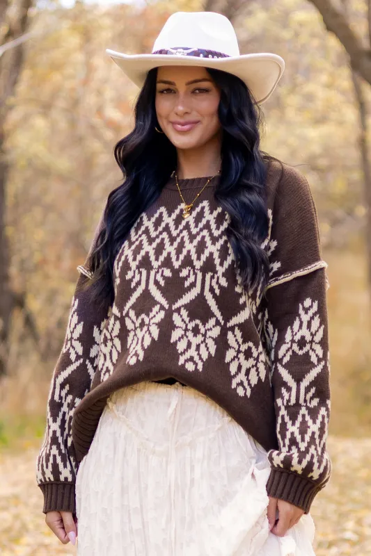 Cocoa and Cream Fair Isle Pattern Relaxed Sweater sold by Lime Lush