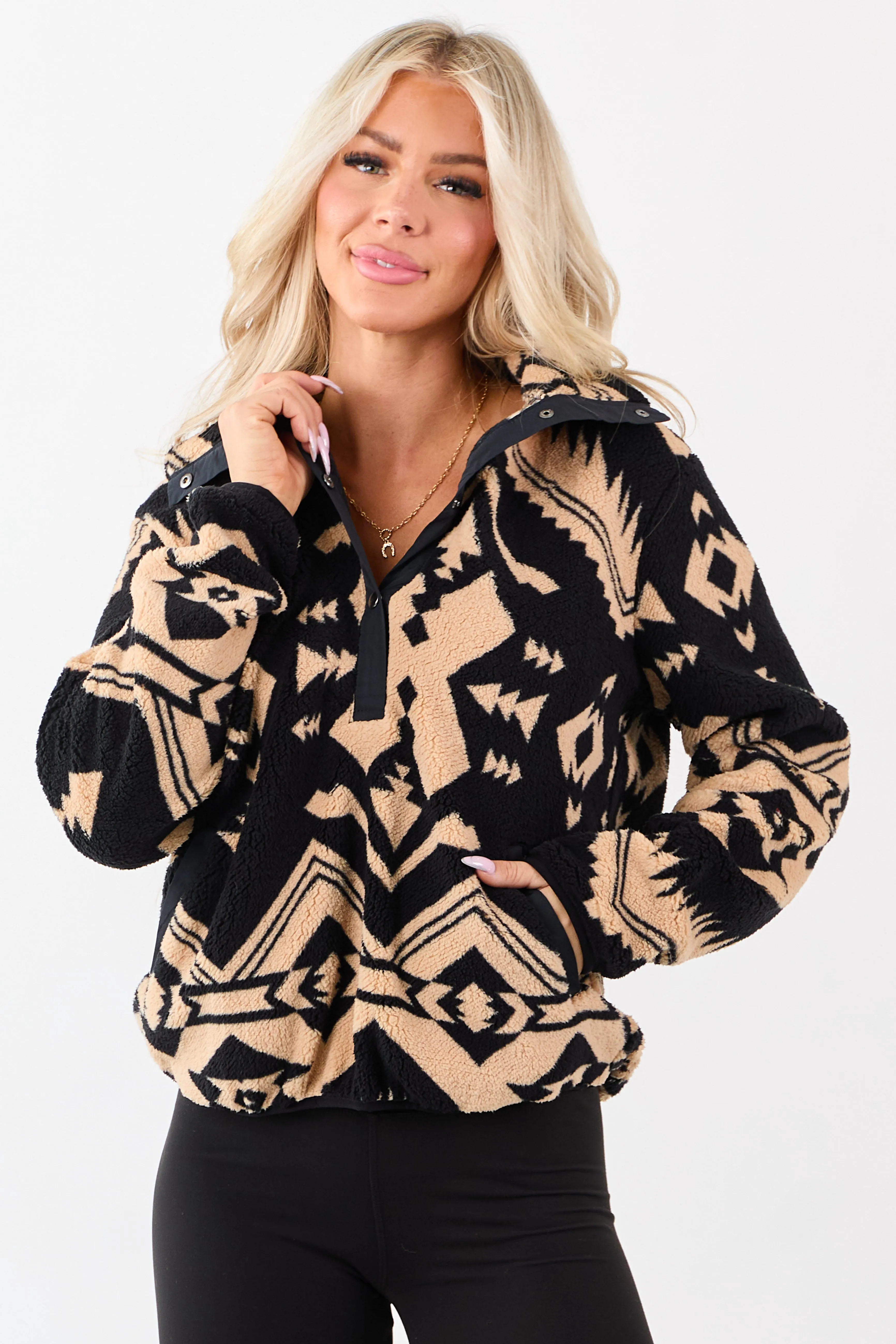 Black Aztec Print Fleece Pullover Sweatshirt sold by Lime Lush product image thumbnail 3