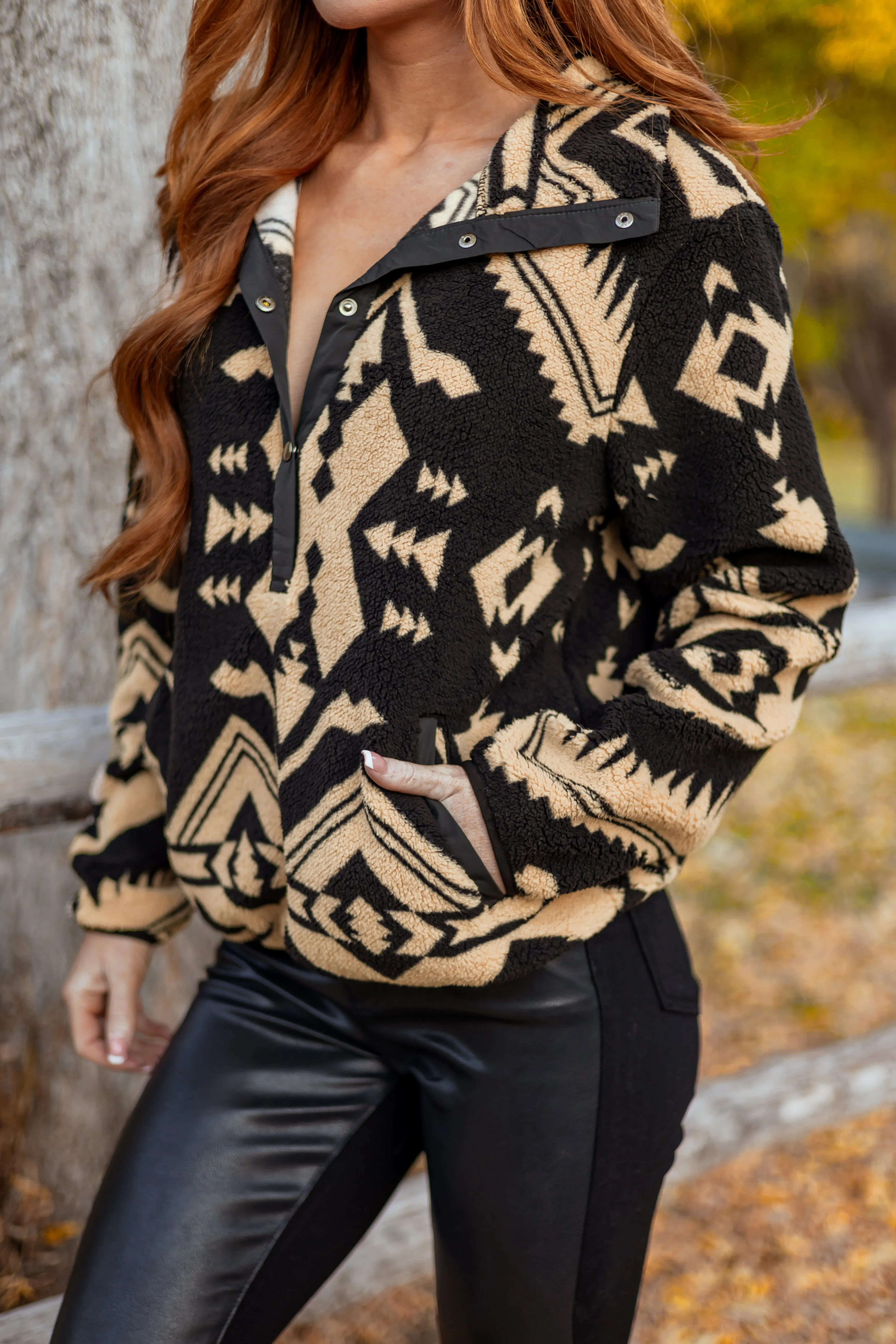 Black Aztec Print Fleece Pullover Sweatshirt sold by Lime Lush product image thumbnail 2