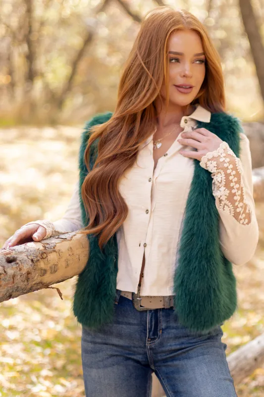Dark Pine Faux Fur Hook and Eye Closure Vest sold by Lime Lush
