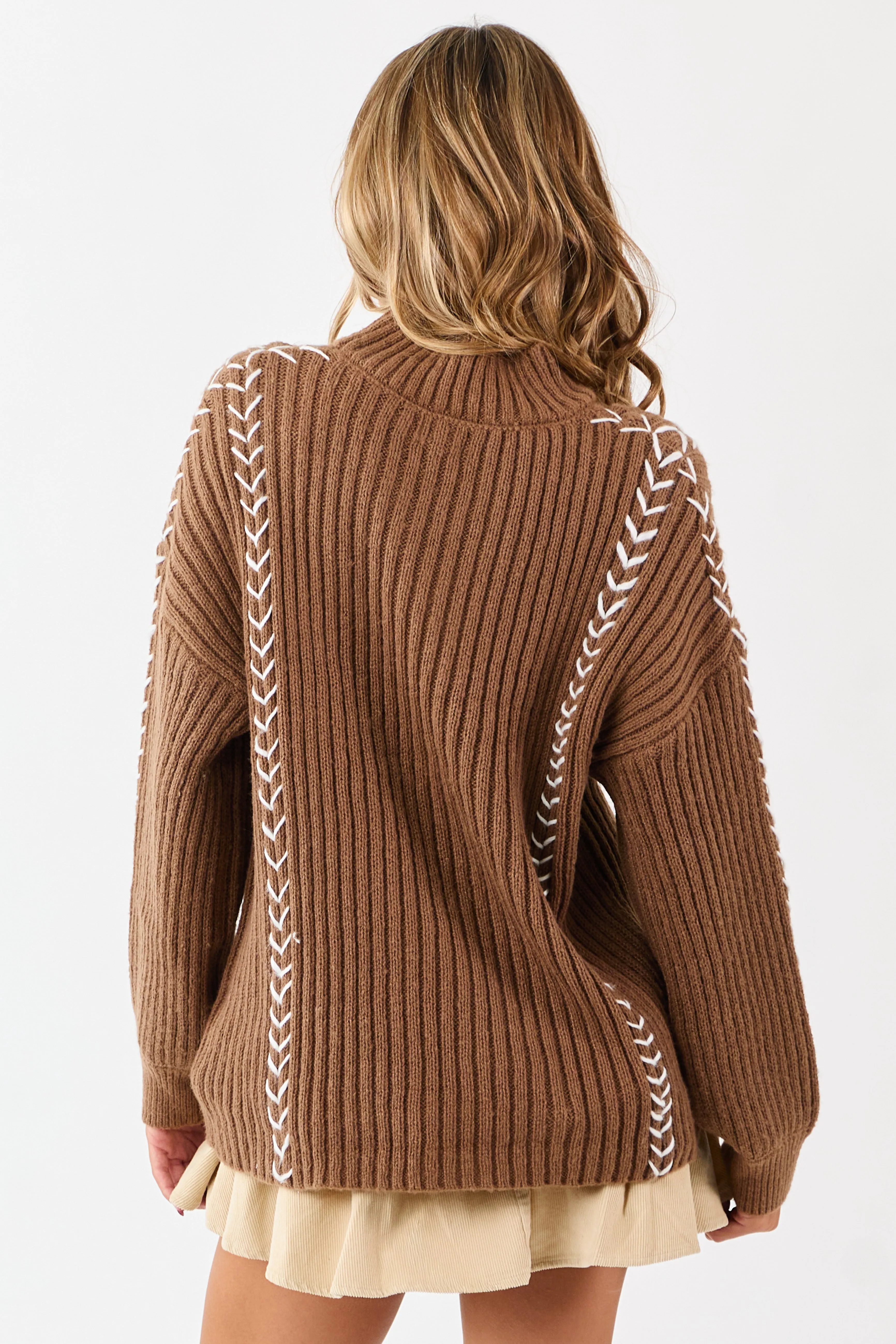 Lovelo Coffee Contrast Whip Stitch Mock Neck Sweater sold by Lime Lush product image thumbnail 5