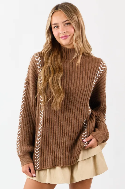 Lovelo Coffee Contrast Whip Stitch Mock Neck Sweater sold by Lime Lush