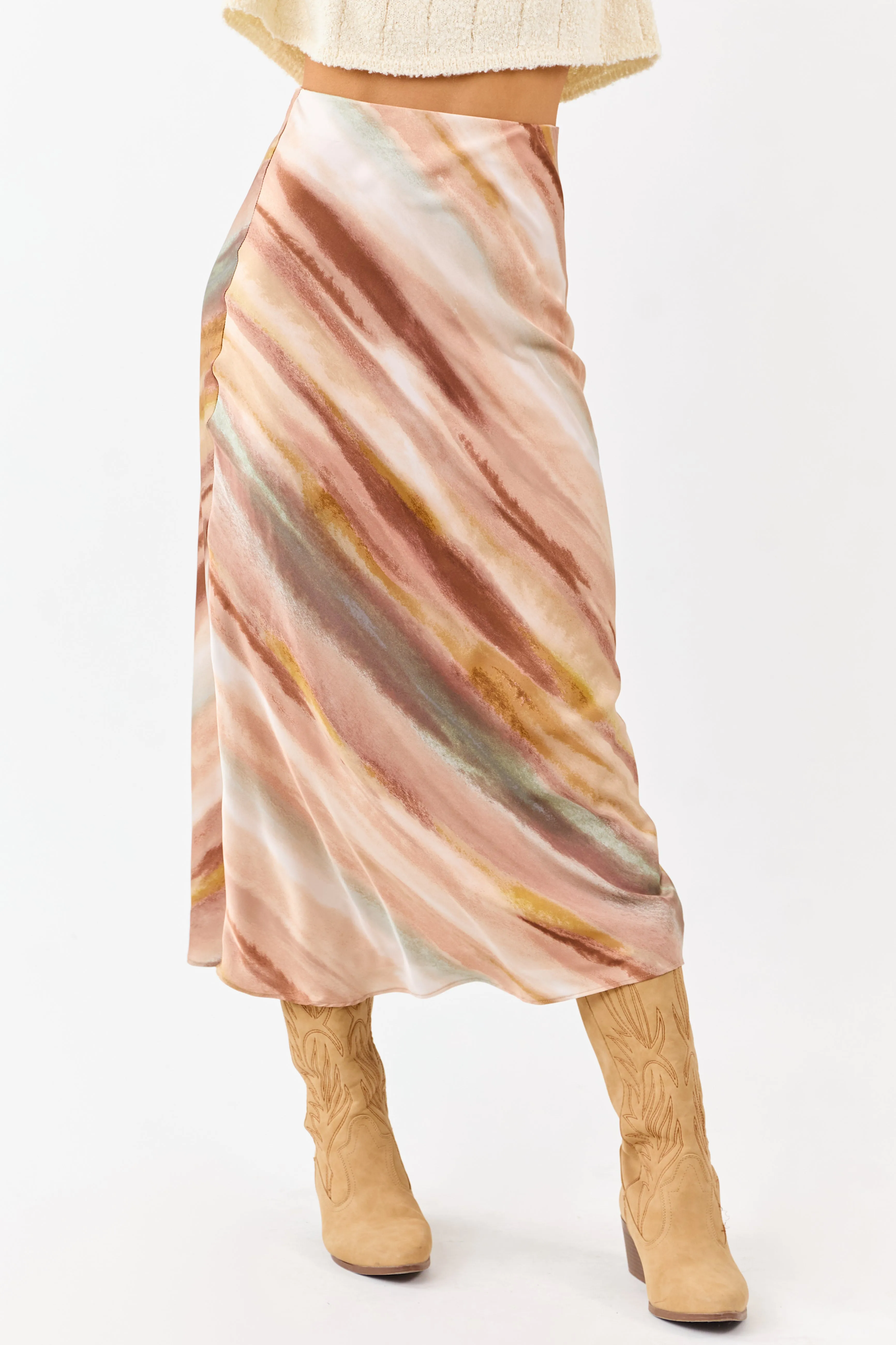 Champagne Abstract Print Satin Midi Skirt sold by Lime Lush product image thumbnail 2