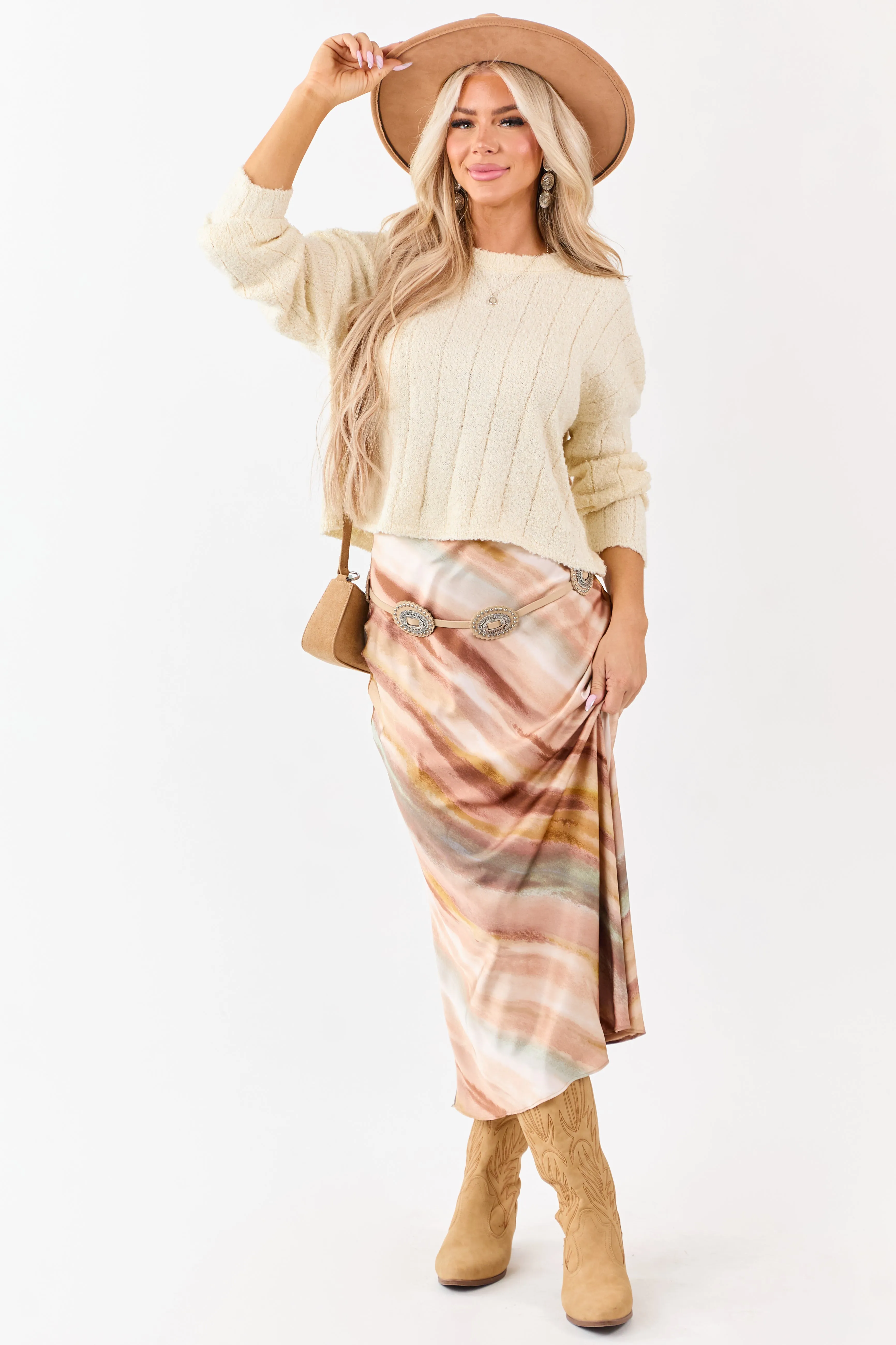 Champagne Abstract Print Satin Midi Skirt sold by Lime Lush