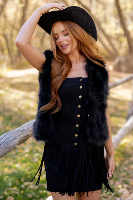 Black Faux Fur Hook and Eye Closure Vest sold by Lime Lush