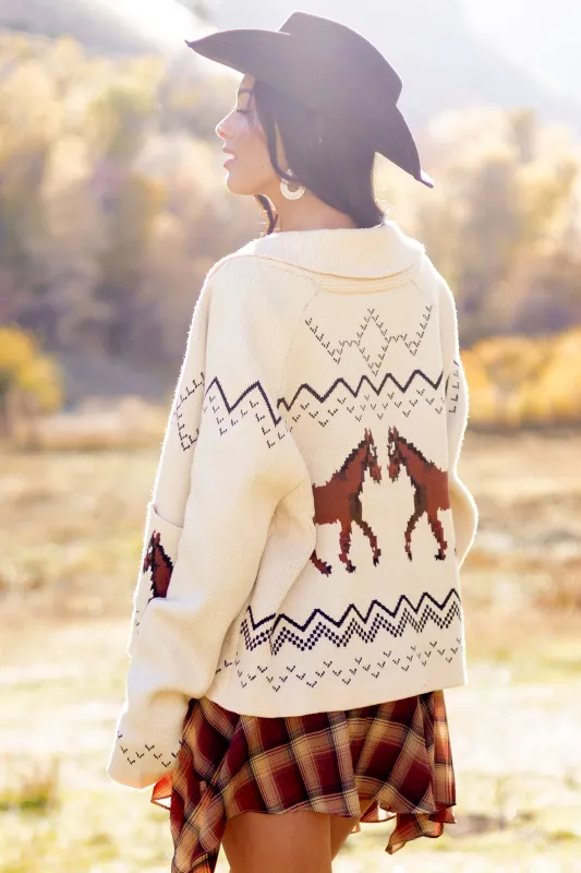 Cream Horse Print Open Front Knit Cardigan sold by Lime Lush