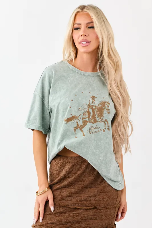 Sage Washed Cotton Western Graphic Short Sleeve Tee sold by Lime Lush