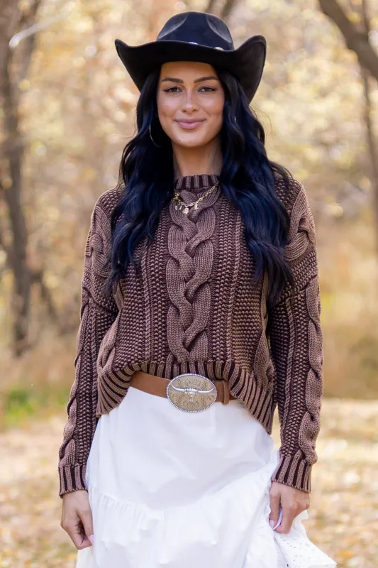 Chocolate Washed Cotton Cable Knit Pullover Sweater made by Blu Pepper