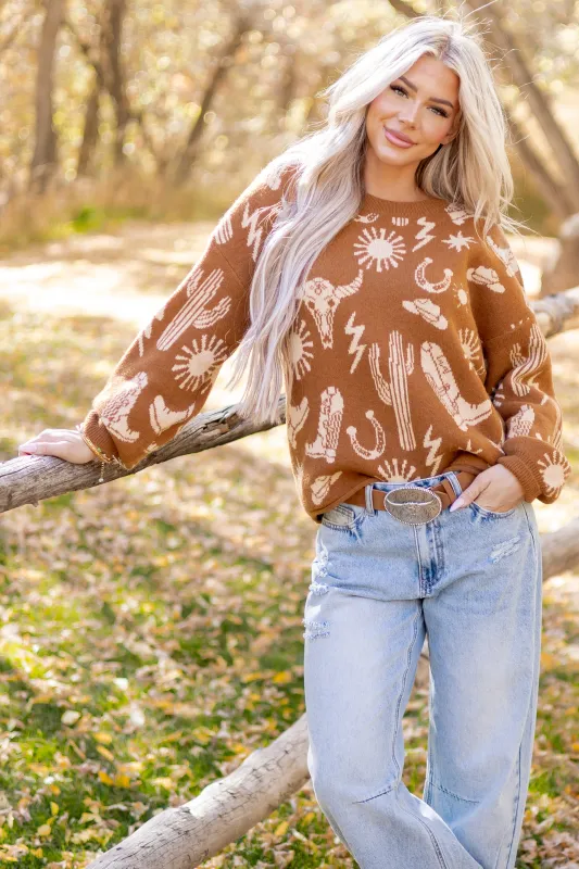 Copper Western Graphic Long Sleeve Sweater sold by Lime Lush