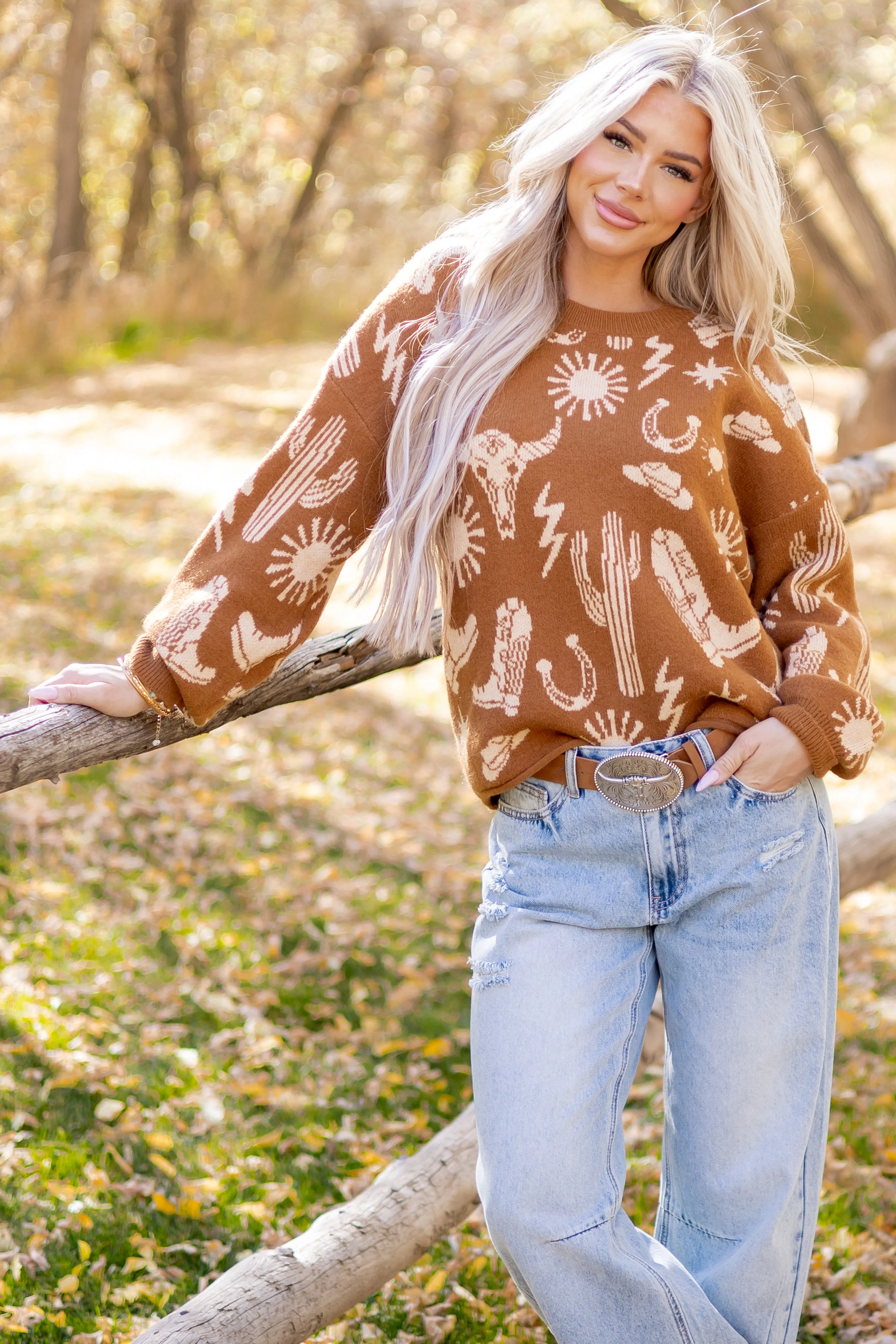 Copper Western Graphic Long Sleeve Sweater sold by Lime Lush