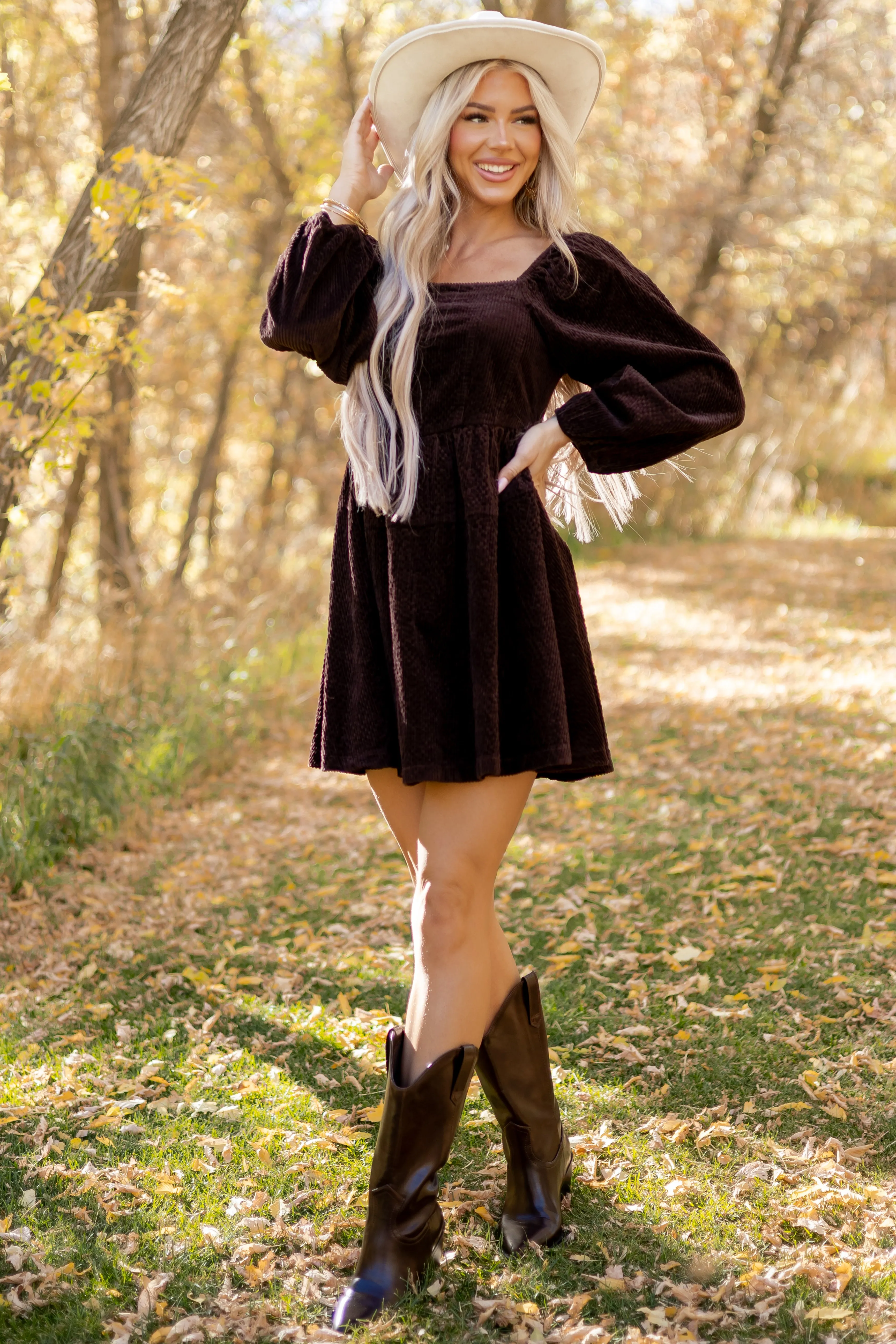 Lovelo Dark Cocoa Corduroy Puff Sleeve Mini Dress sold by Lime Lush