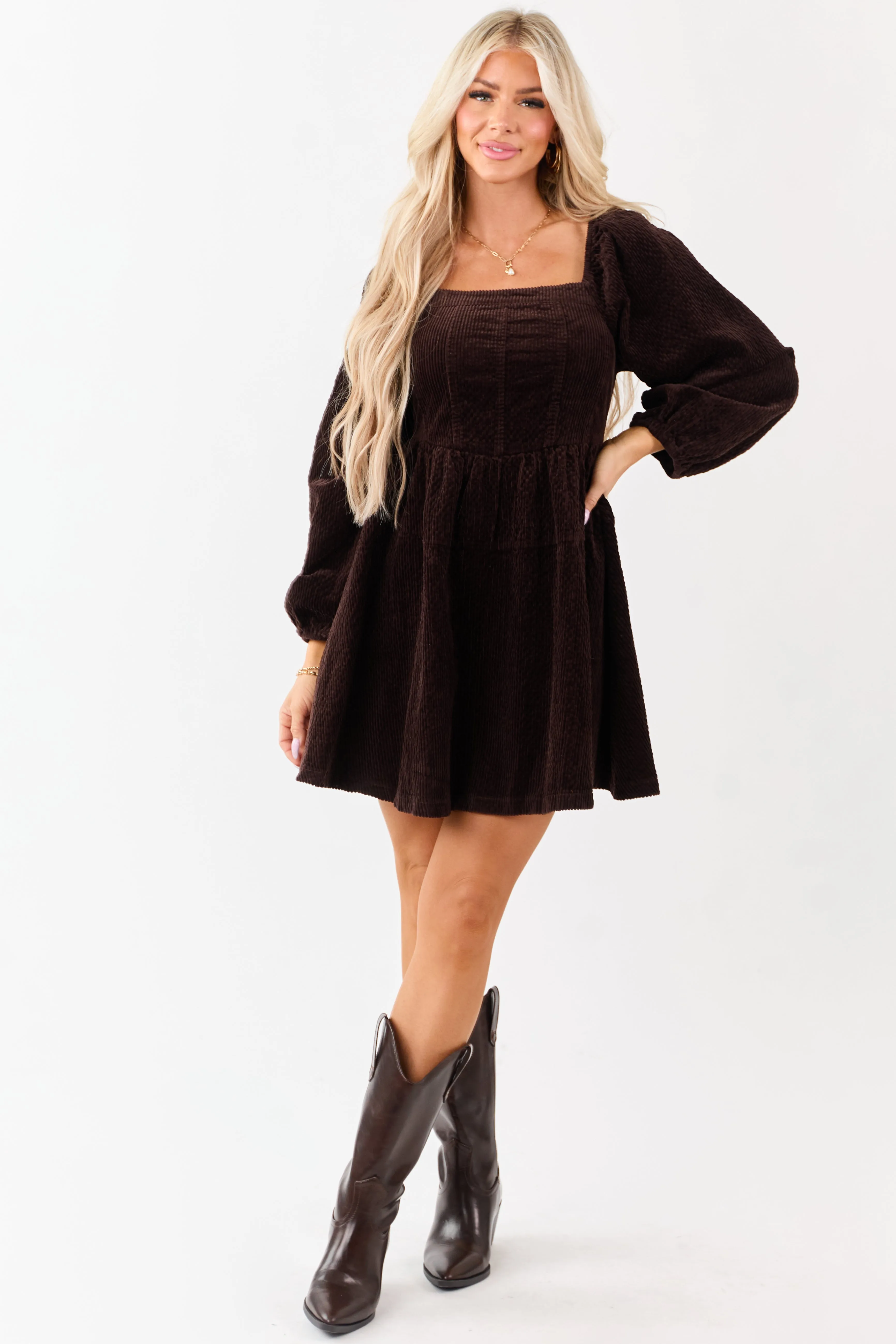 Lovelo Dark Cocoa Corduroy Puff Sleeve Mini Dress sold by Lime Lush product image thumbnail 2