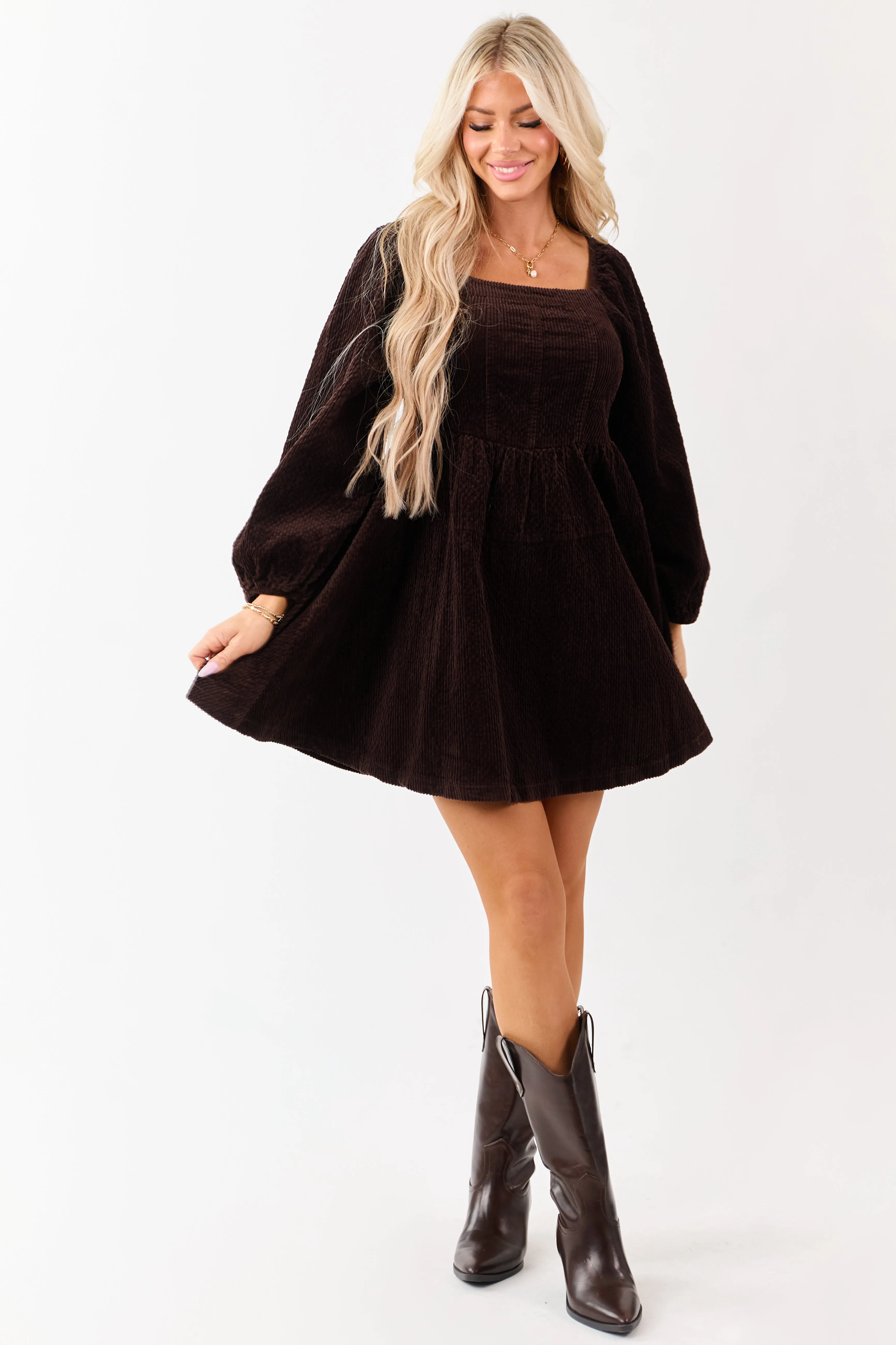 Lovelo Dark Cocoa Corduroy Puff Sleeve Mini Dress sold by Lime Lush product image thumbnail 4