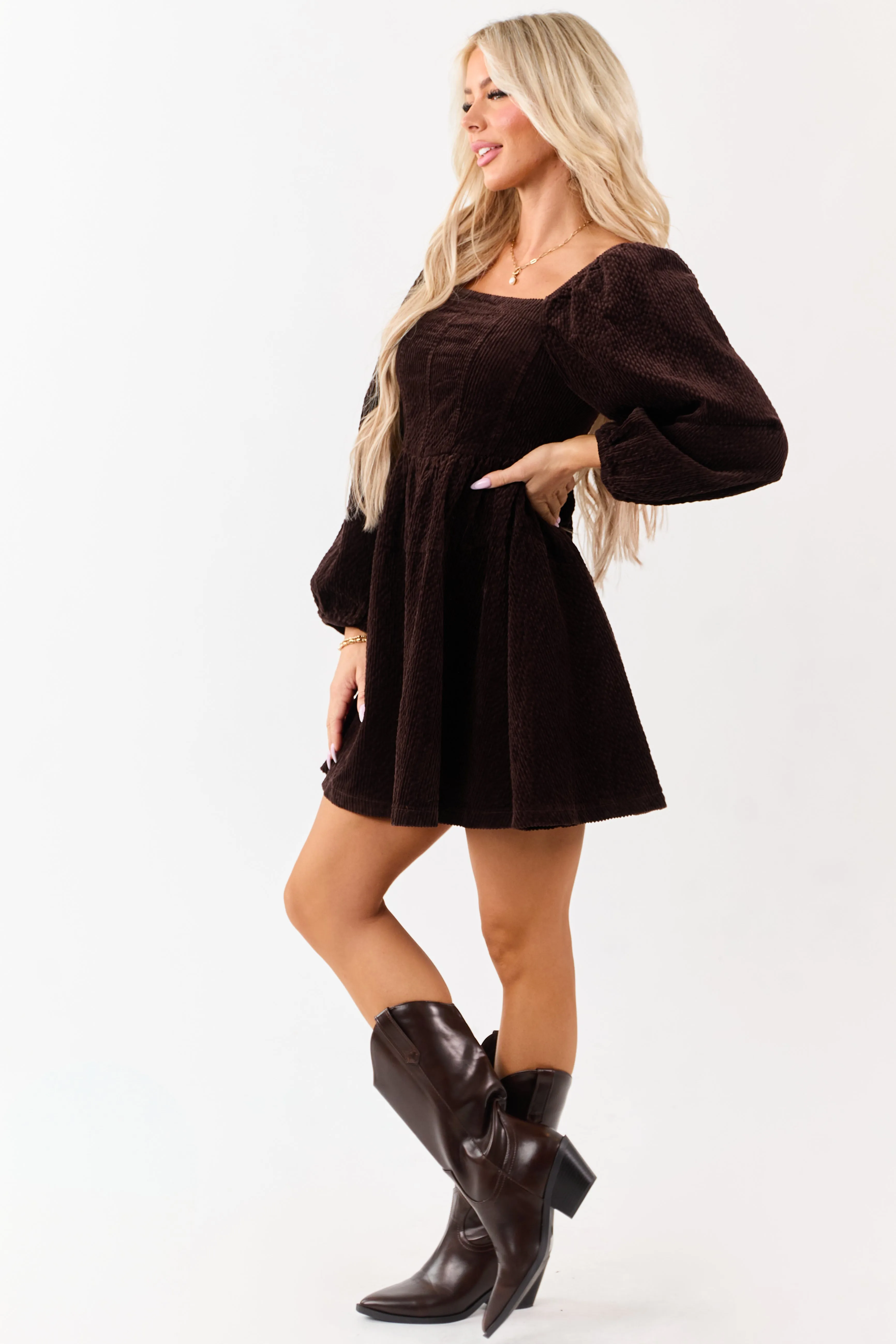 Lovelo Dark Cocoa Corduroy Puff Sleeve Mini Dress sold by Lime Lush product image thumbnail 5