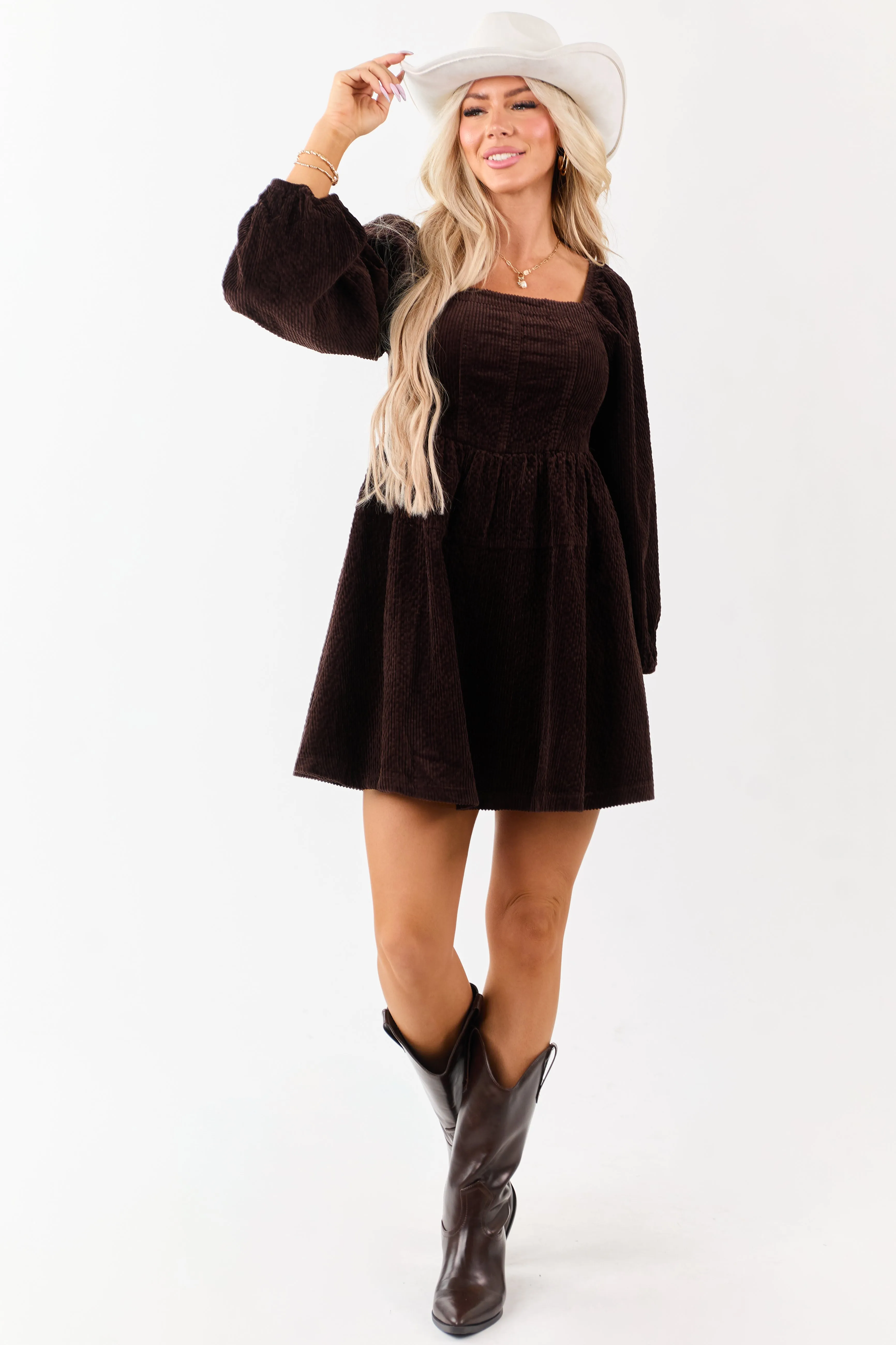 Lovelo Dark Cocoa Corduroy Puff Sleeve Mini Dress sold by Lime Lush product image thumbnail 3