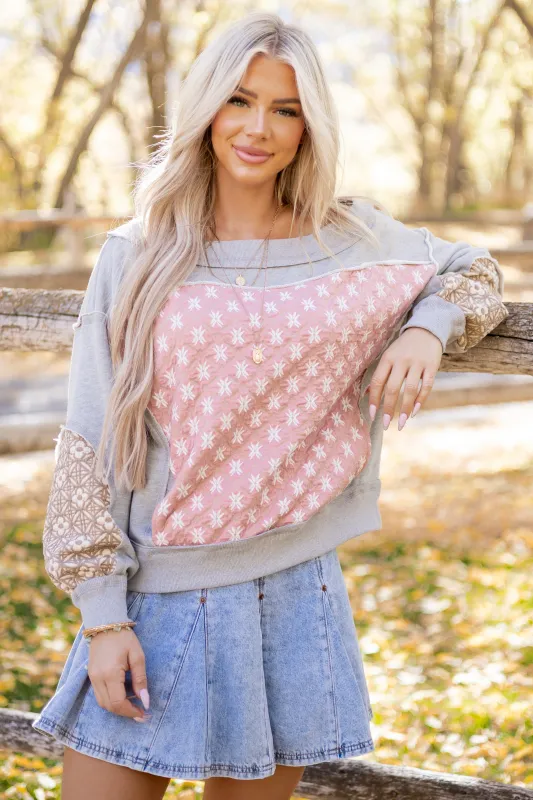 Heather Grey Boho Patchwork Off Shoulder Sweatshirt sold by Lime Lush