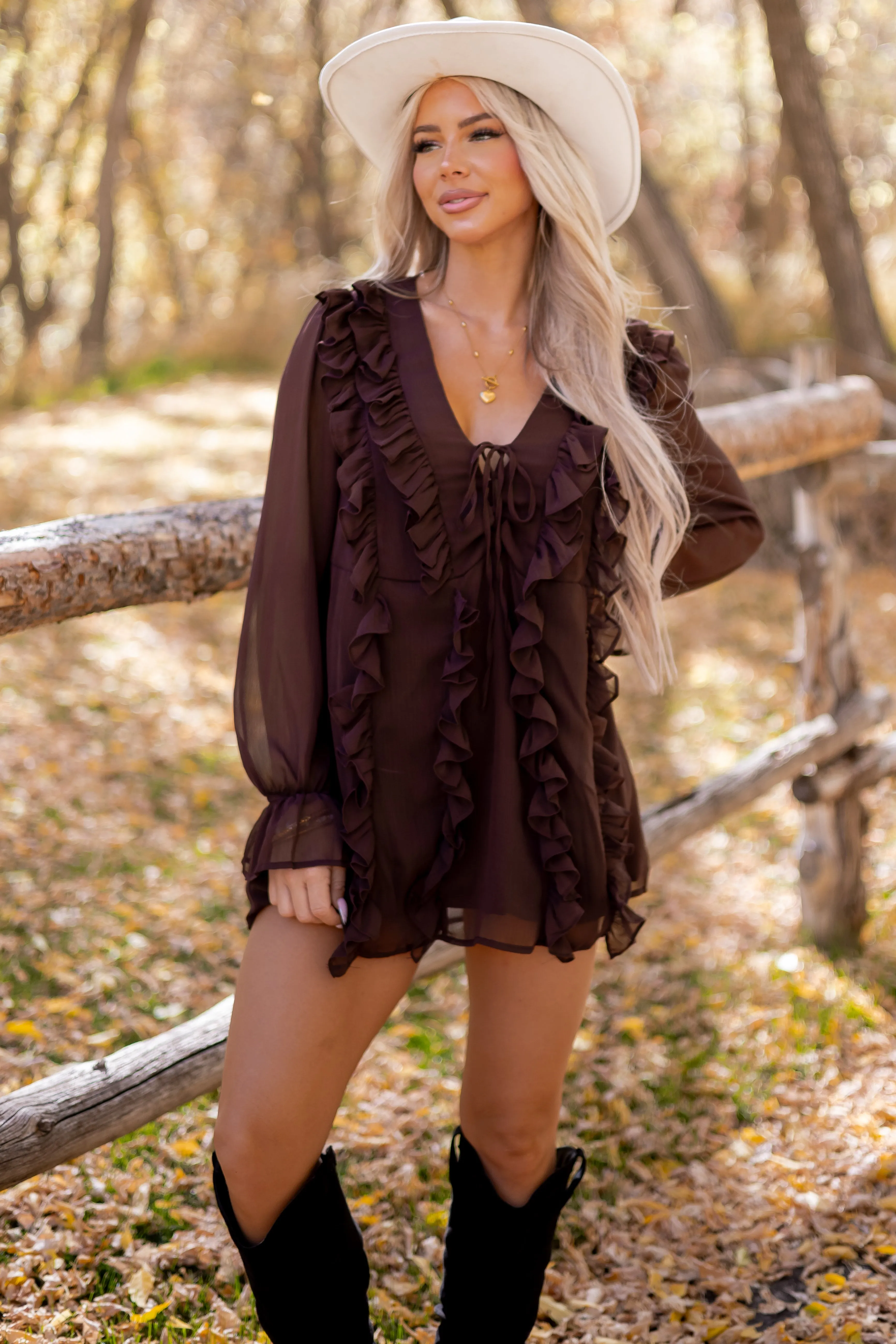 Chocolate Ruffled V-Neck Long Sleeve Mini Dress sold by Lime Lush