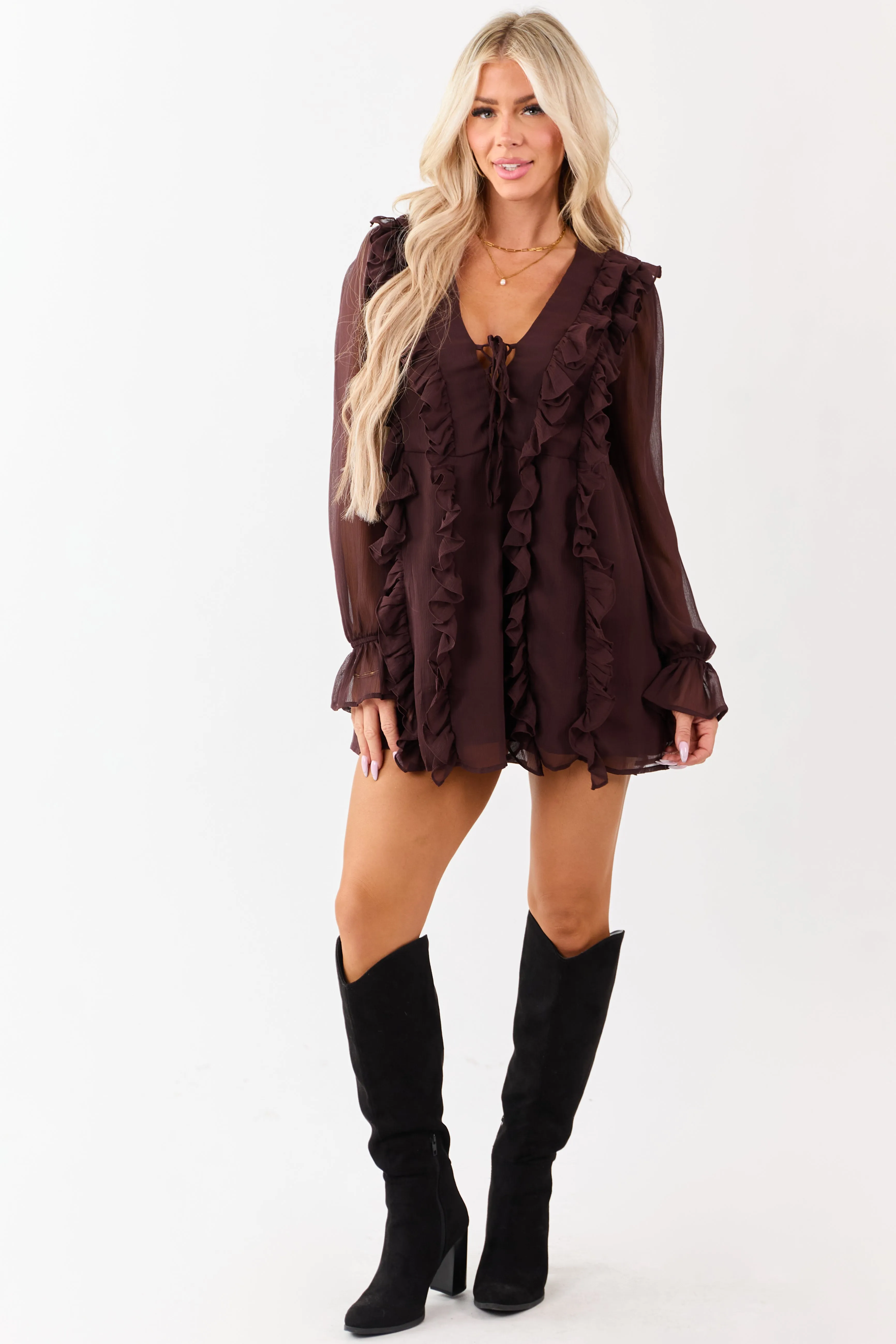 Chocolate Ruffled V-Neck Long Sleeve Mini Dress sold by Lime Lush product image thumbnail 4