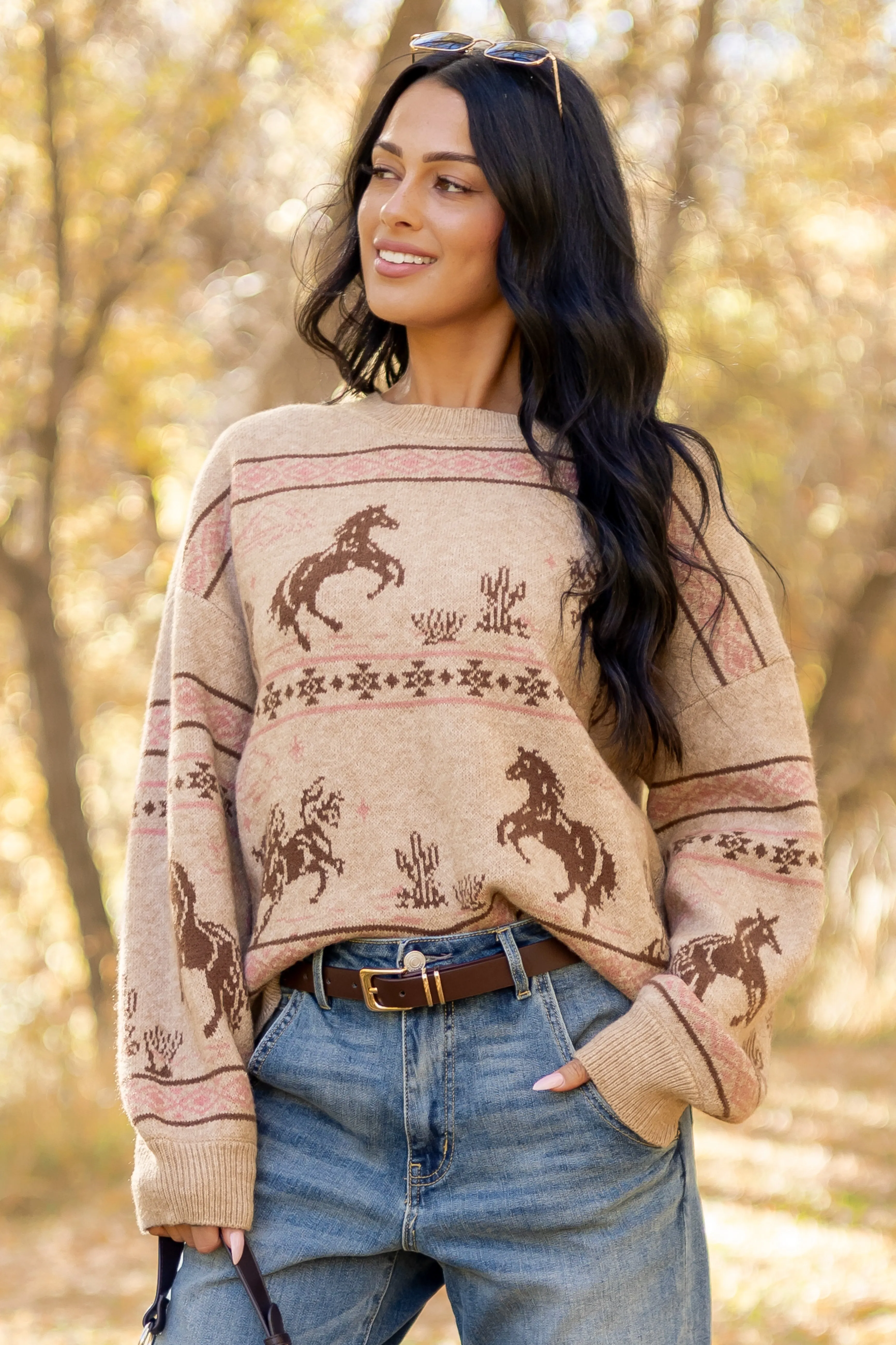 Camel Western Print Crew Neck Knit Sweater sold by Lime Lush