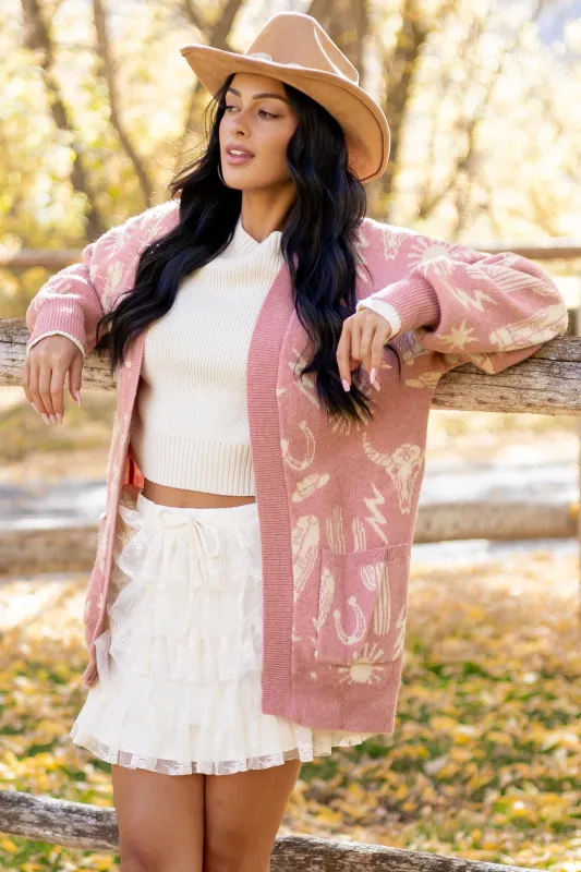 Dusty Blush Western Print Open Front Ribbed Trim Cardigan sold by Lime Lush