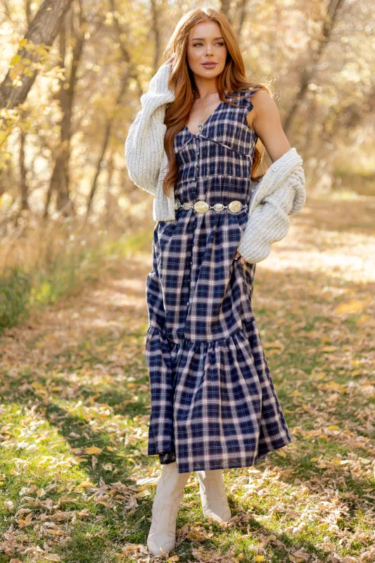 Navy Plaid Button Down Smocked Cotton Midi Dress sold by Lime Lush