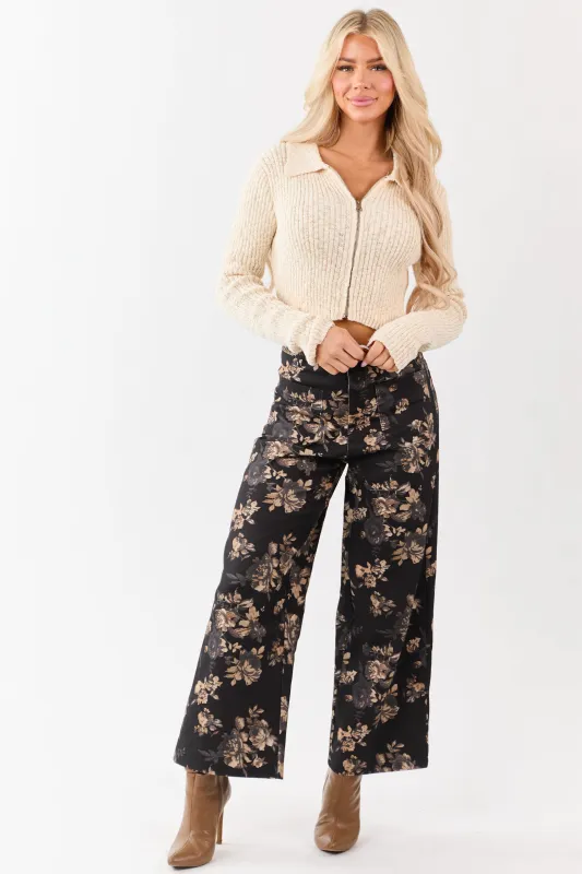 Entro Black Rose Print Wide Leg High Rise Denim Pants sold by Lime Lush