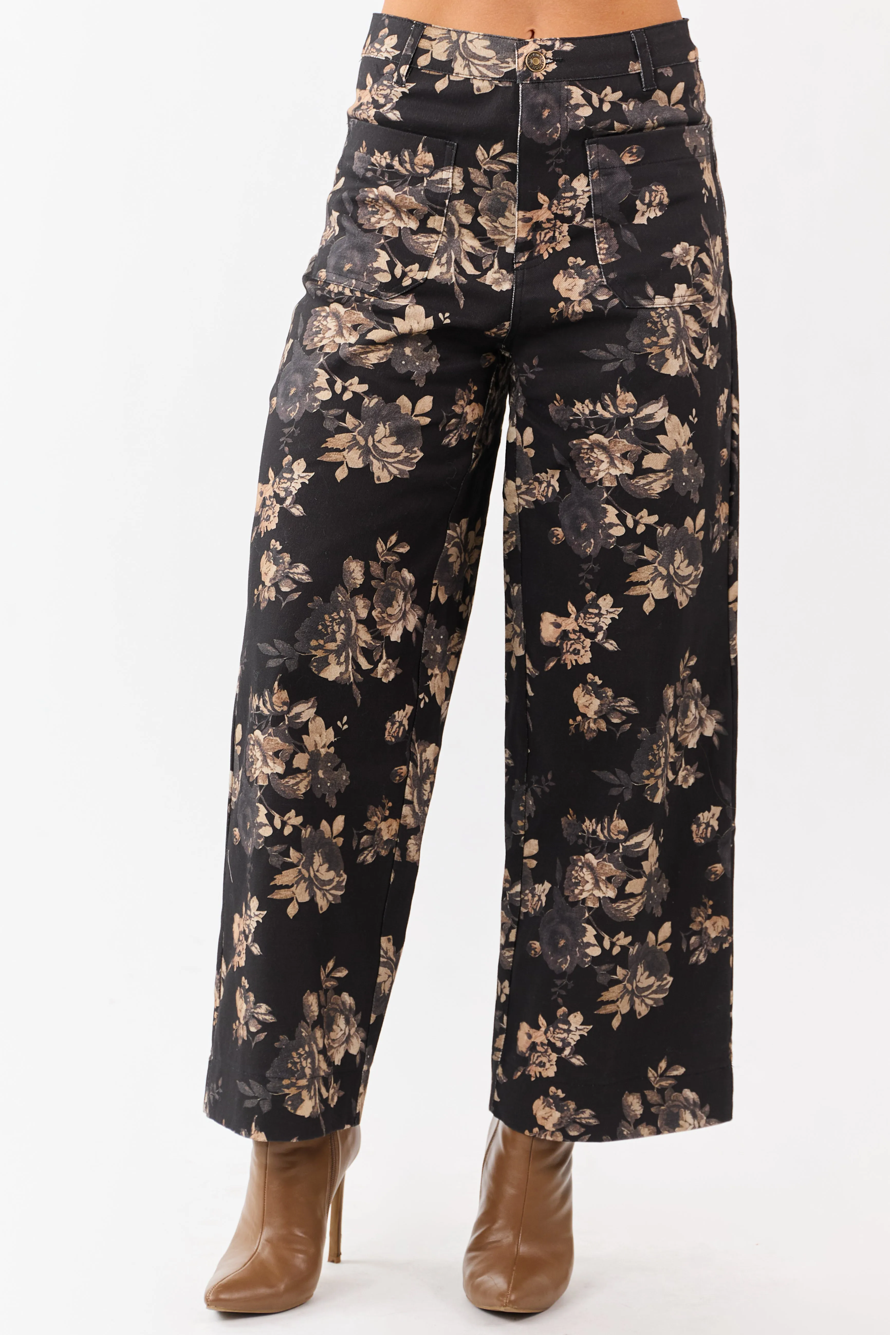 Entro Black Rose Print Wide Leg High Rise Denim Pants sold by Lime Lush product image thumbnail 3