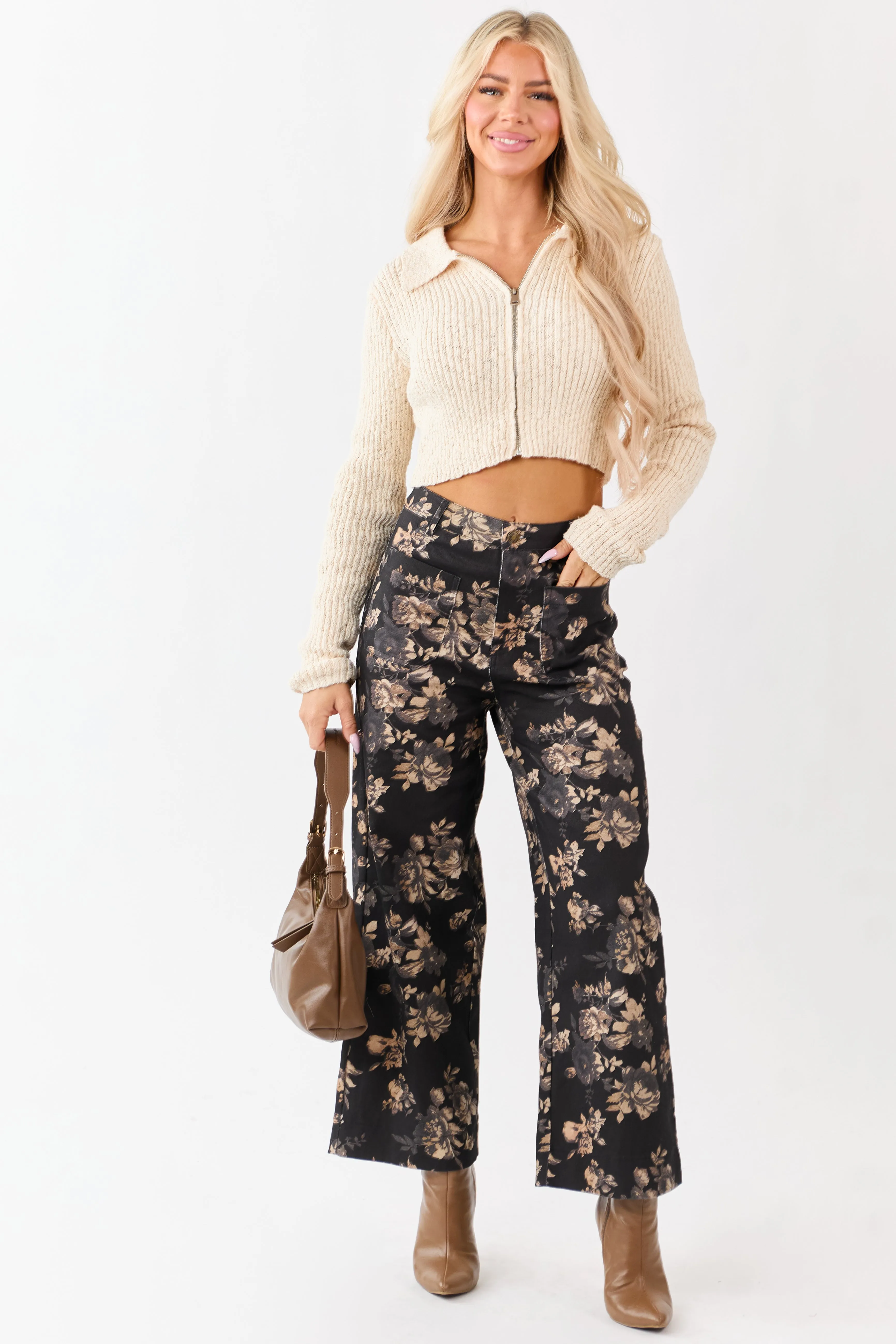 Entro Black Rose Print Wide Leg High Rise Denim Pants sold by Lime Lush product image thumbnail 2