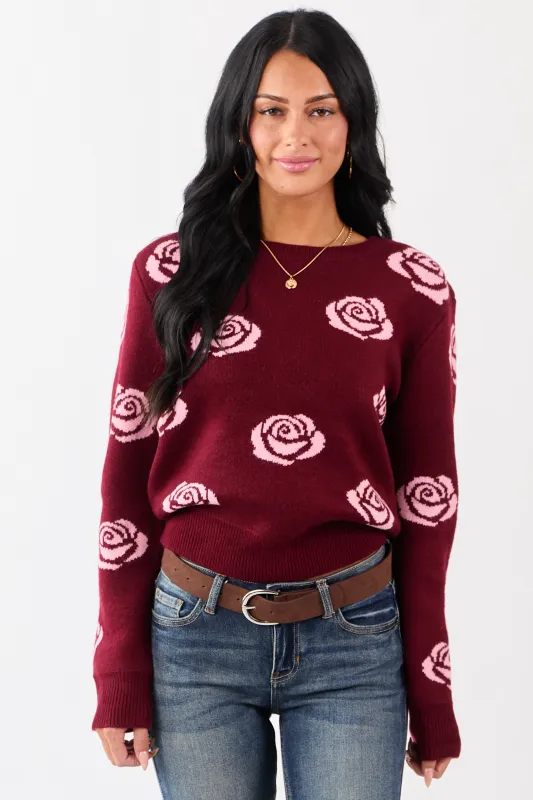 Wine and Carnation Rose Print Crew Neck Sweater sold by Lime Lush