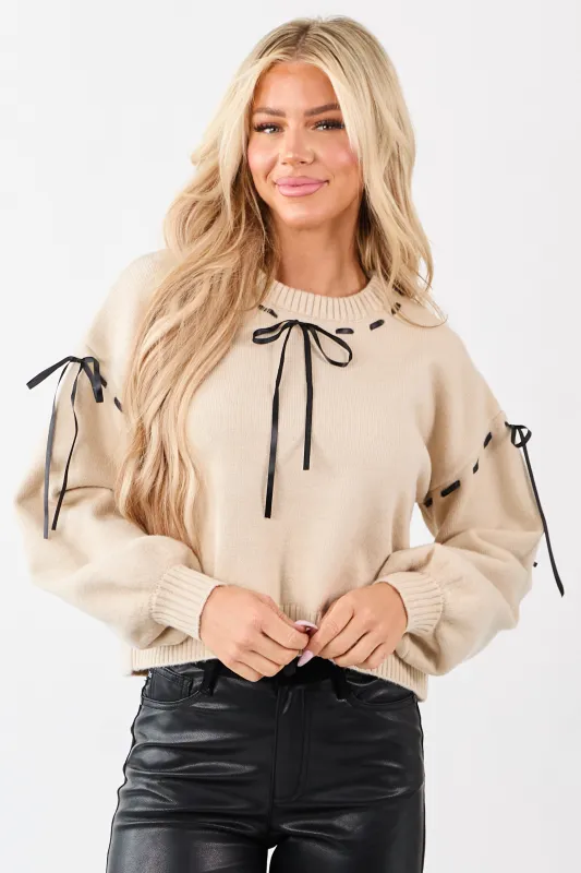Almond Threaded Satin Ribbon Boxy Sweater sold by Lime Lush