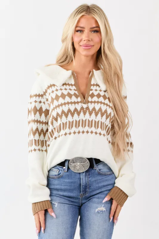 Cream Sherpa Collar Aztec Quarter Zip Sweater sold by Lime Lush