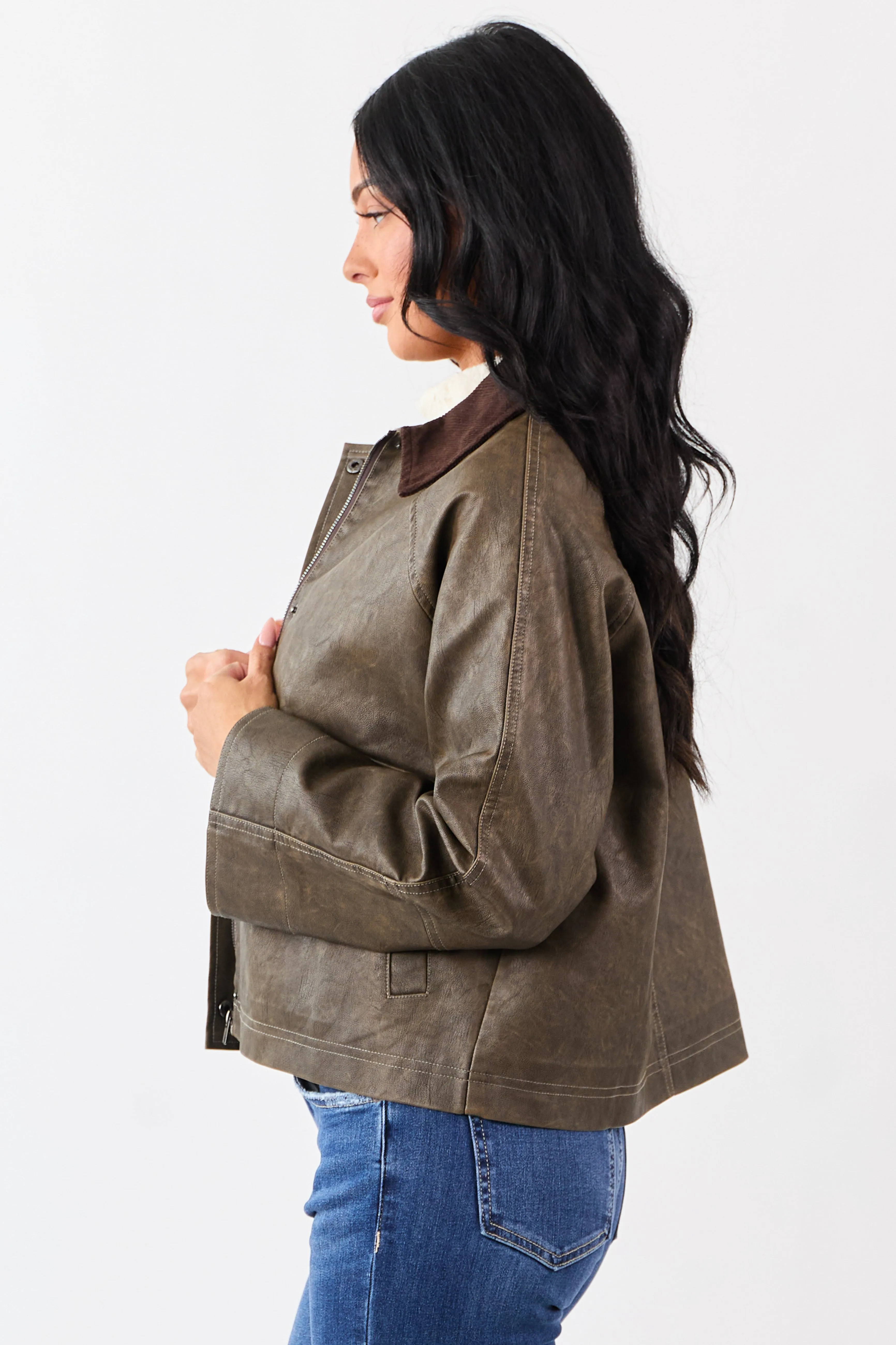 Walnut Faux Leather Corduroy Collar Zip Up Jacket sold by Lime Lush product image thumbnail 5
