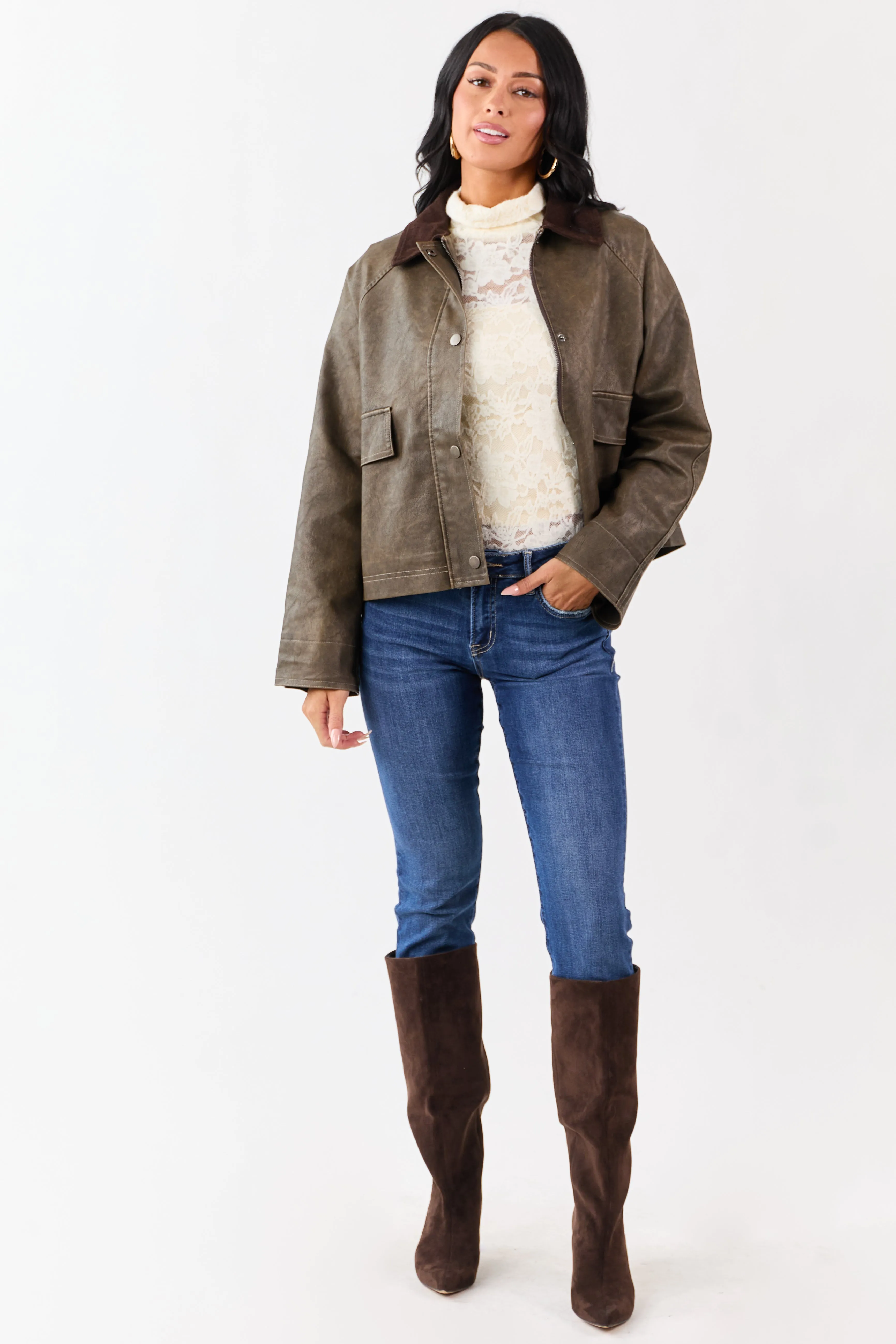 Walnut Faux Leather Corduroy Collar Zip Up Jacket sold by Lime Lush product image thumbnail 2