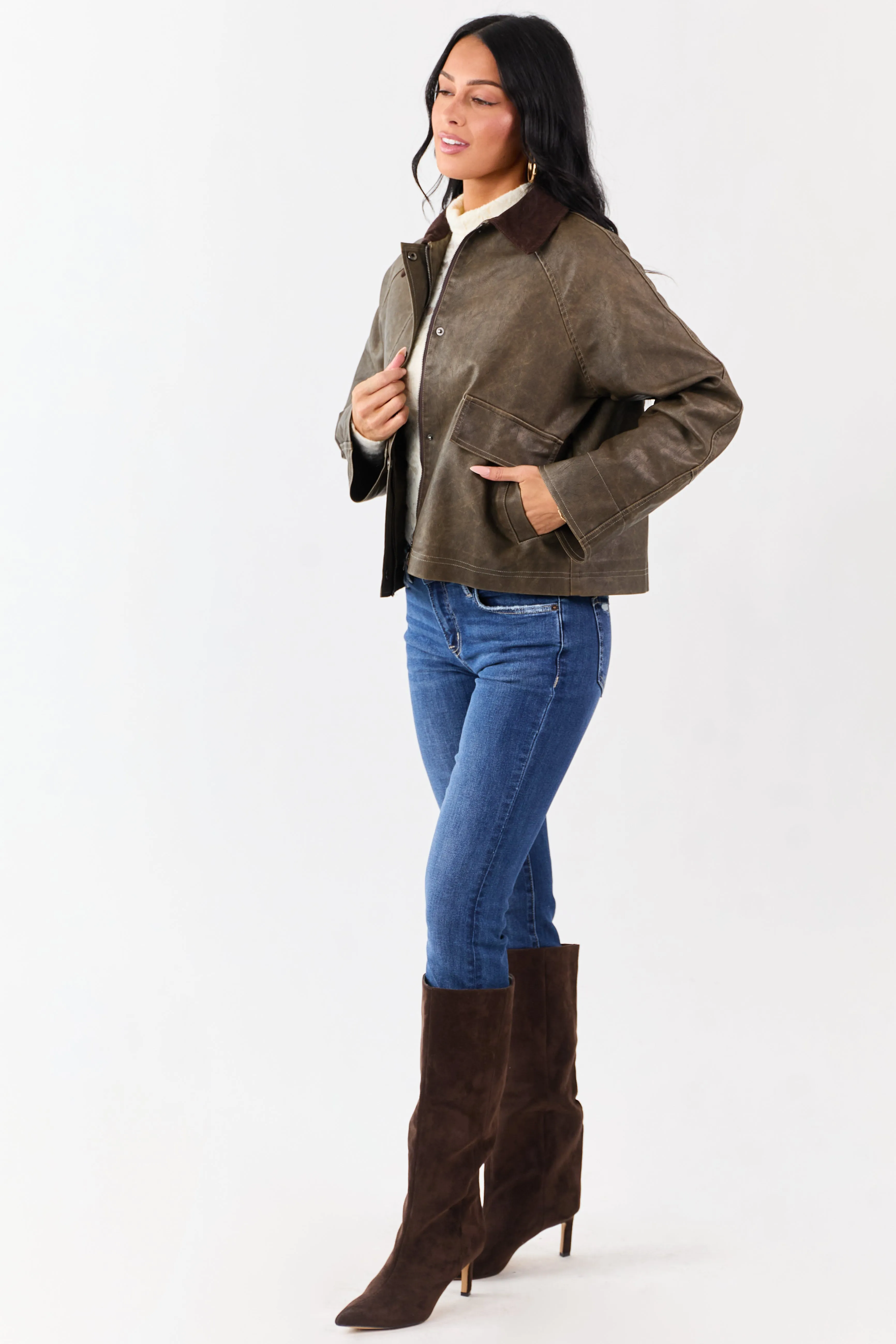 Walnut Faux Leather Corduroy Collar Zip Up Jacket sold by Lime Lush product image thumbnail 4