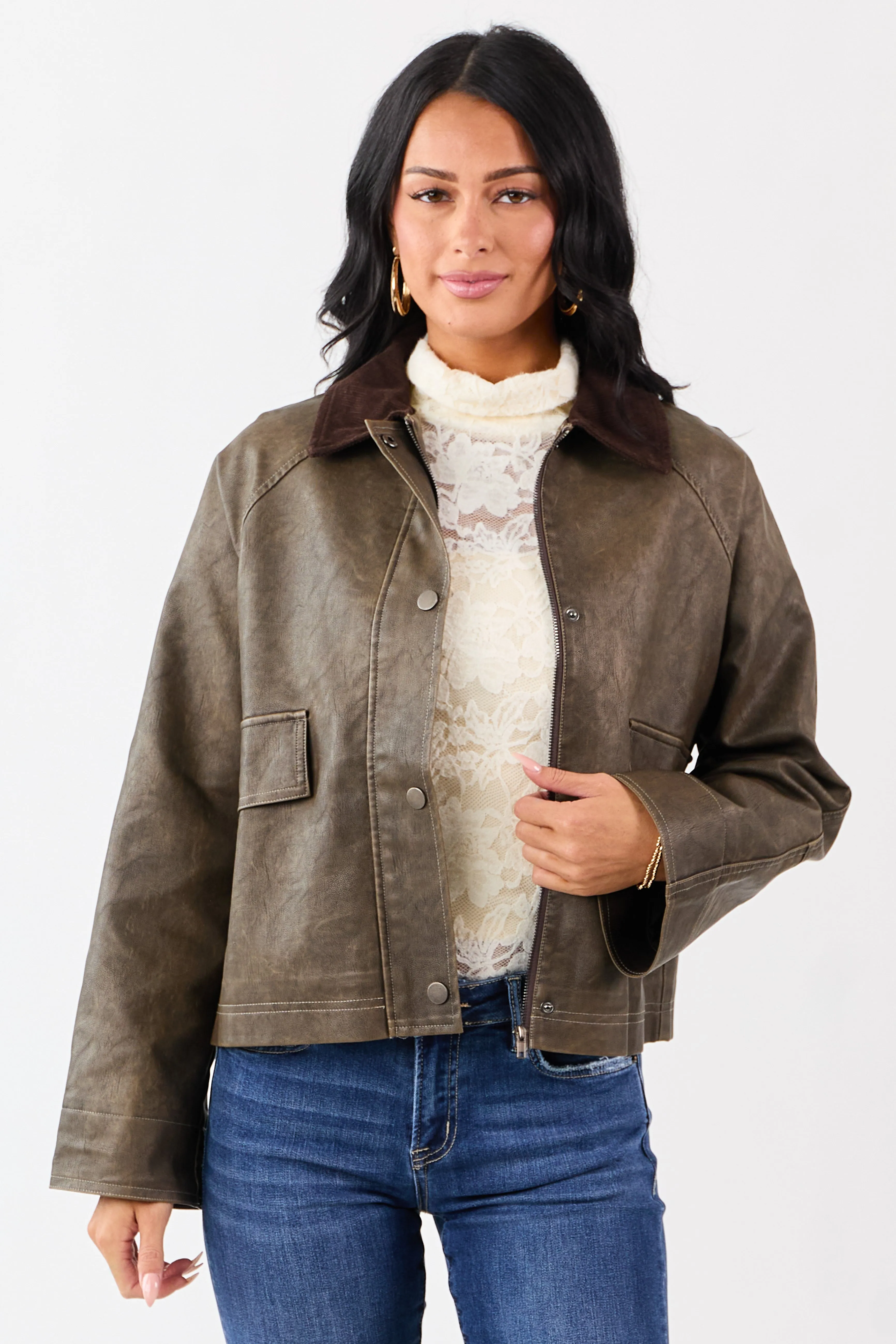 Walnut Faux Leather Corduroy Collar Zip Up Jacket sold by Lime Lush