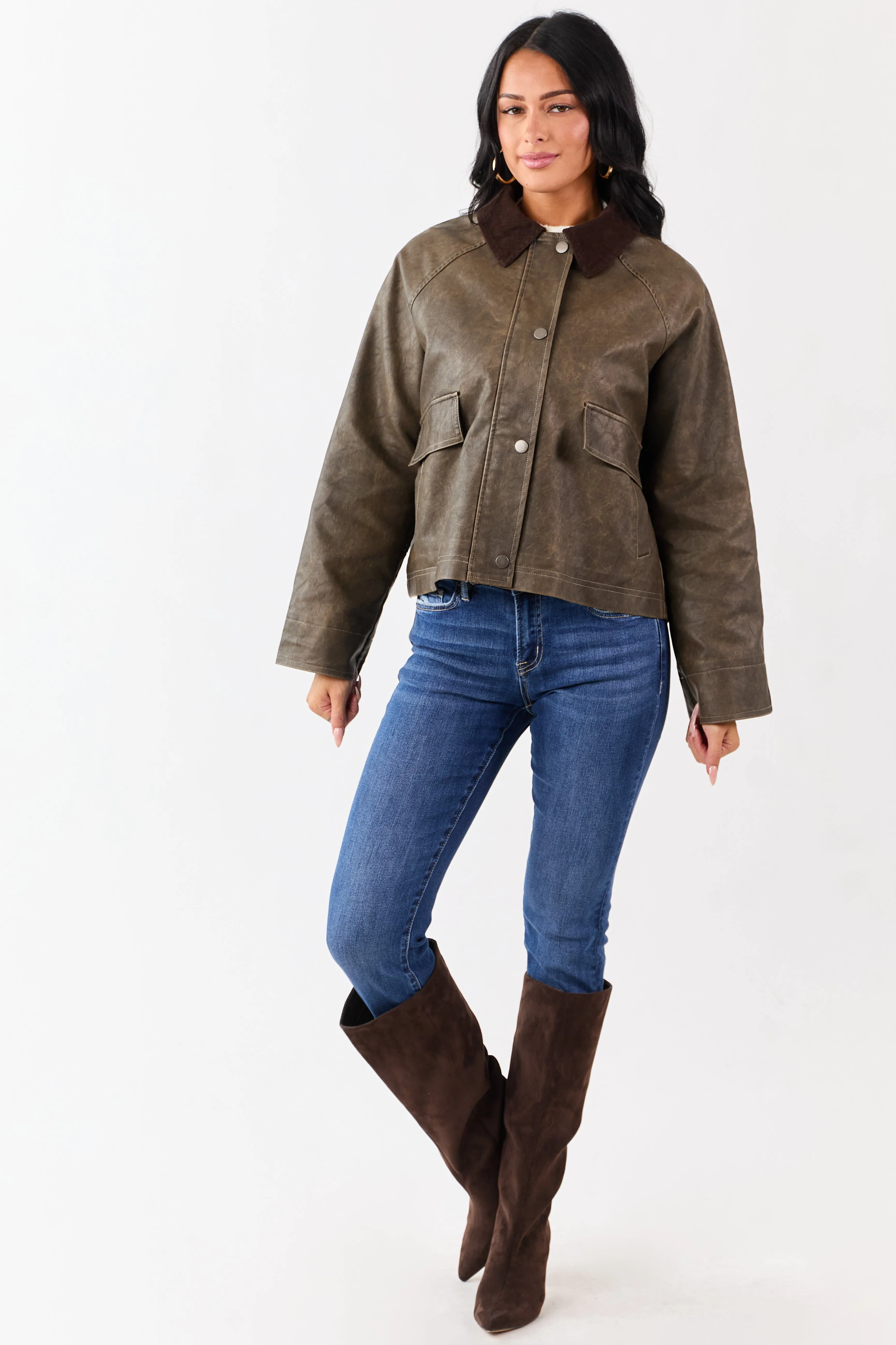 Walnut Faux Leather Corduroy Collar Zip Up Jacket sold by Lime Lush product image thumbnail 3