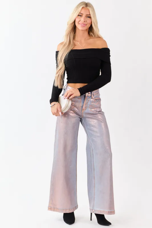 Saige Pink Metallic Wide Stretchy Tummy Control Jeans sold by Lime Lush