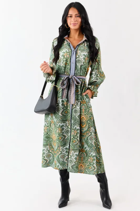 Hunter Green Boho Paisley Button Down Midi Dress sold by Lime Lush