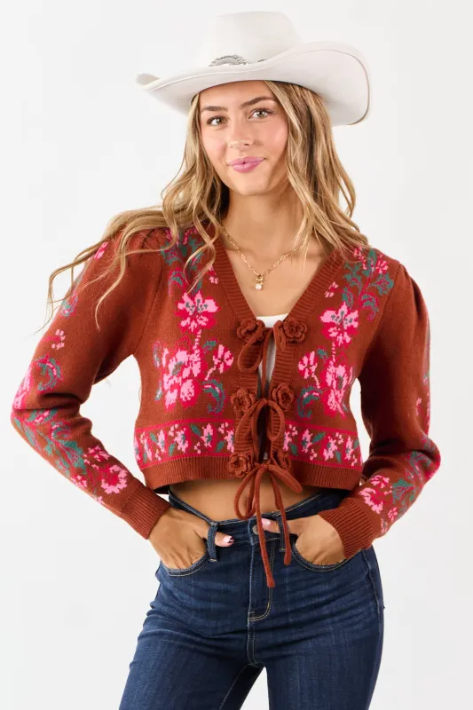 Spice Floral Print Tie Front Cropped Knit Cardigan sold by Lime Lush