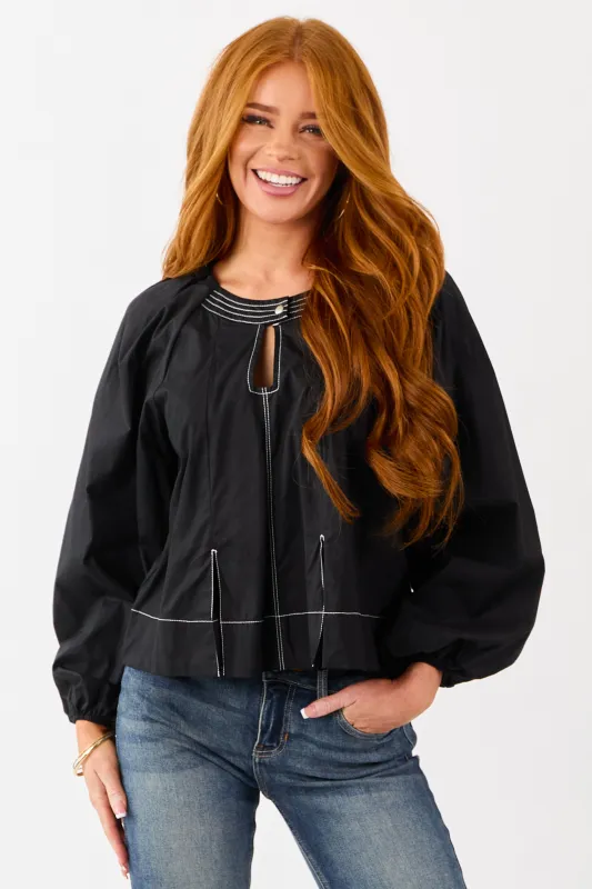 Black Contrast Stitch Keyhole Pleated Cotton Top sold by Lime Lush