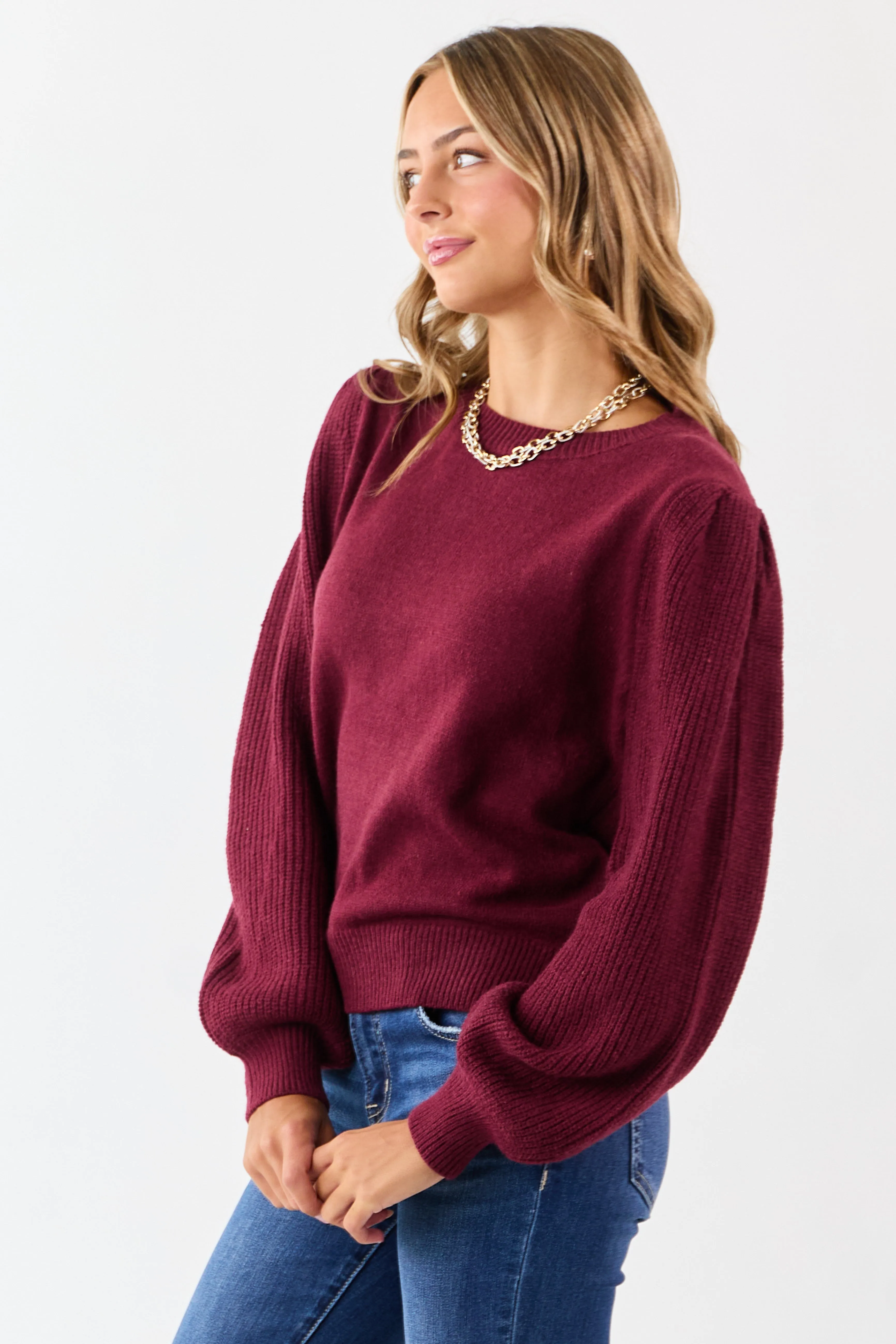 Wine Ribbed Knit Puff Long Sleeve Sweater sold by Lime Lush product image thumbnail 4
