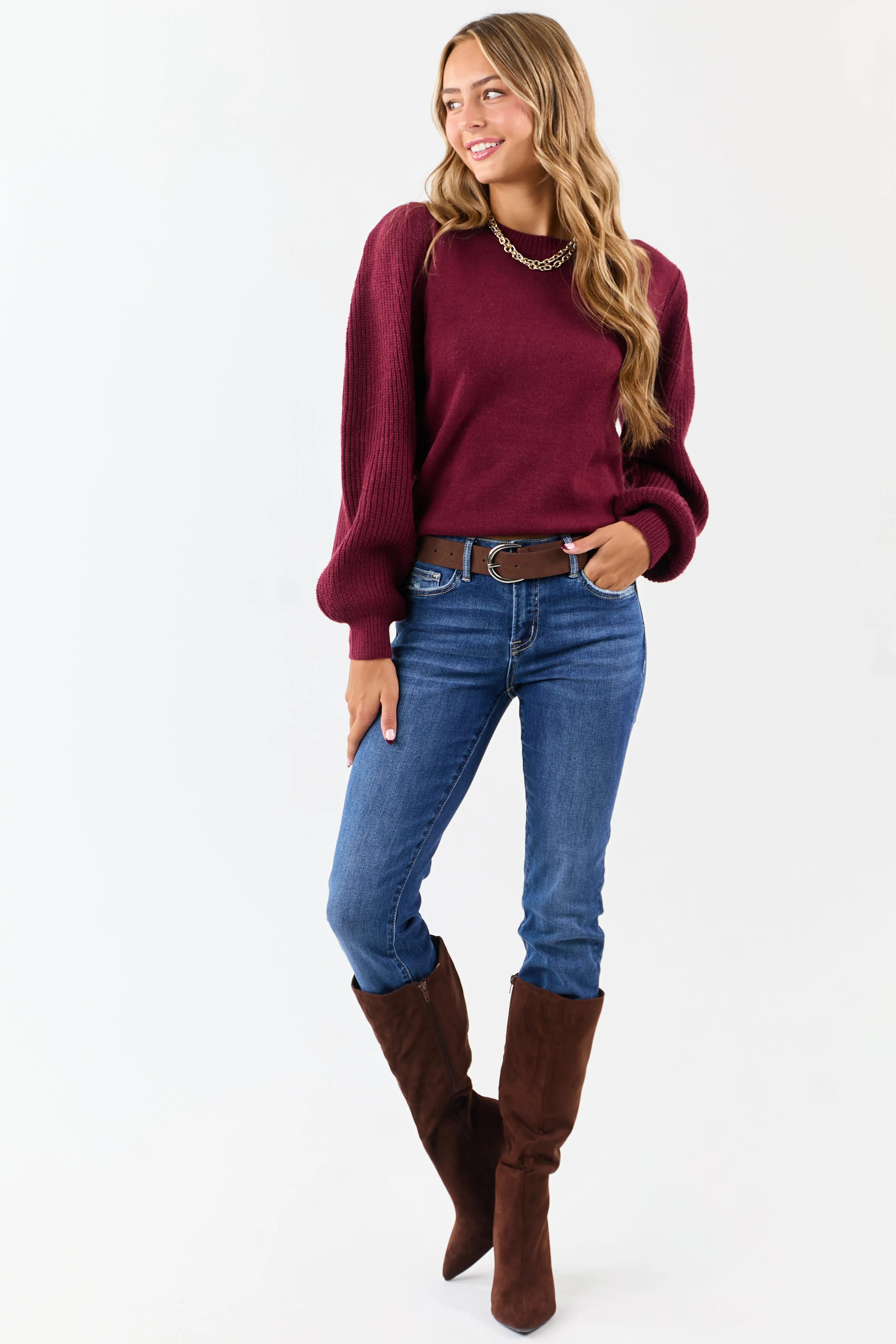 Wine Ribbed Knit Puff Long Sleeve Sweater sold by Lime Lush product image thumbnail 2