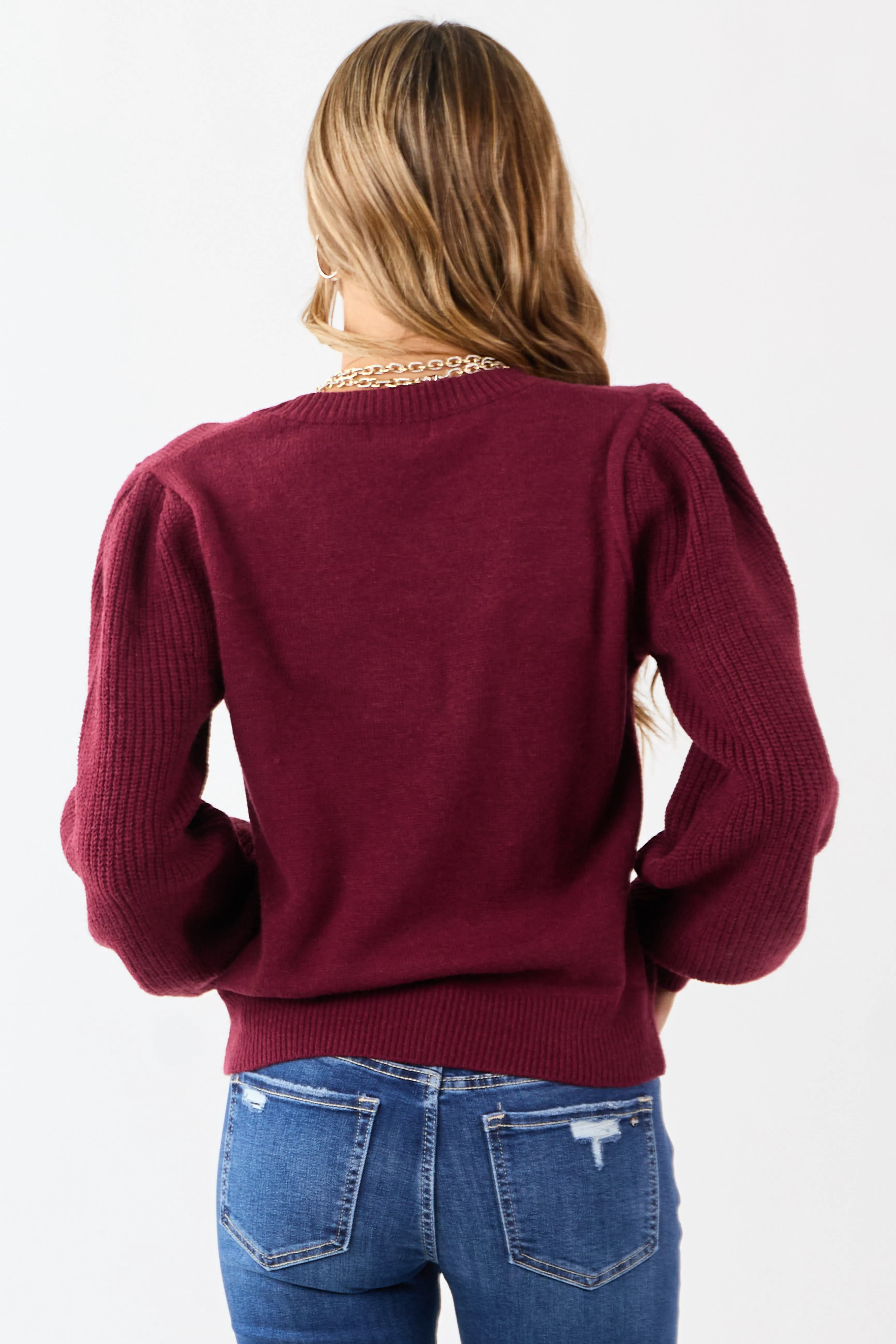Wine Ribbed Knit Puff Long Sleeve Sweater sold by Lime Lush product image thumbnail 5