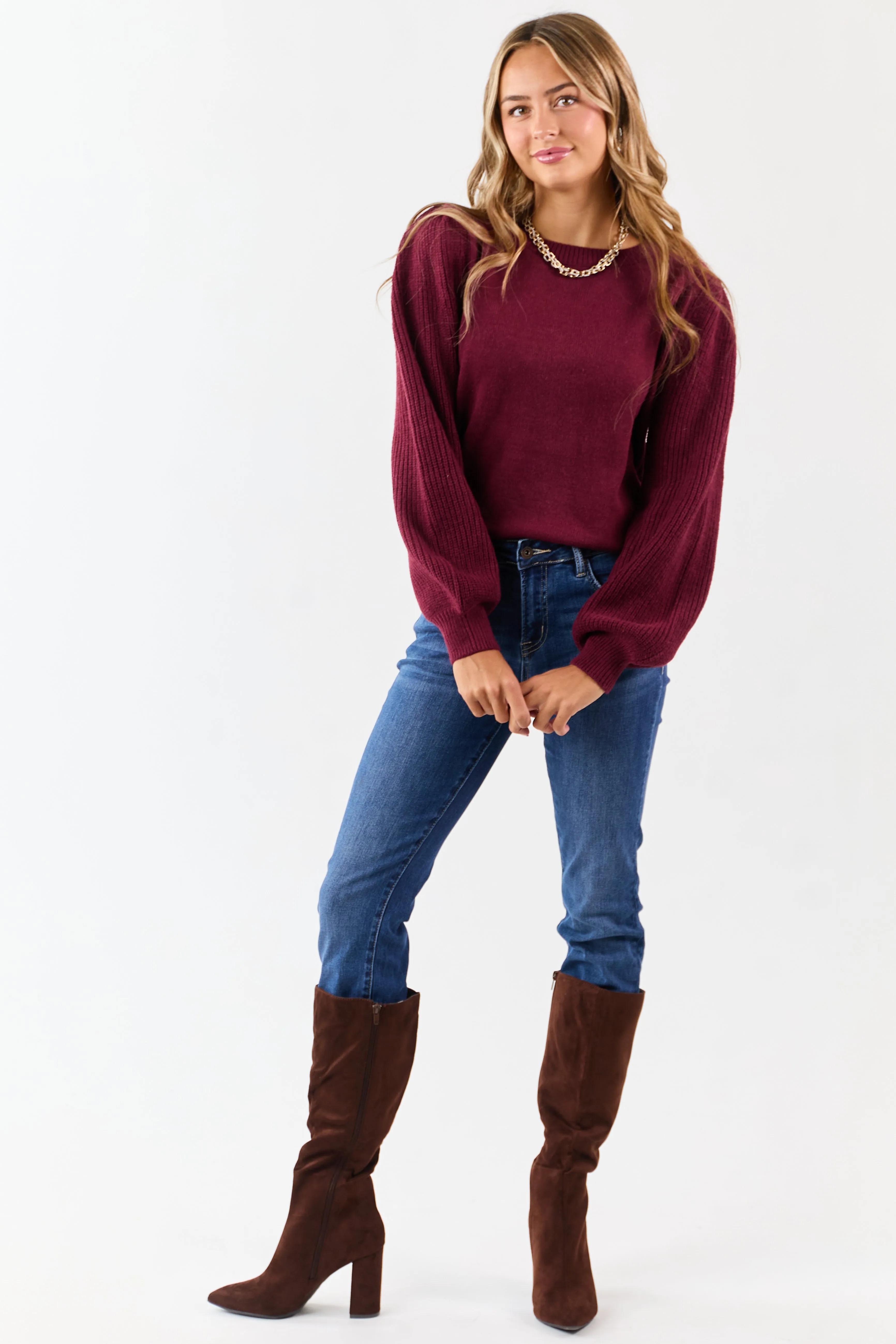 Wine Ribbed Knit Puff Long Sleeve Sweater sold by Lime Lush product image thumbnail 3