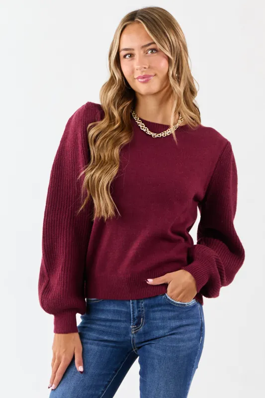 Wine Ribbed Knit Puff Long Sleeve Sweater sold by Lime Lush