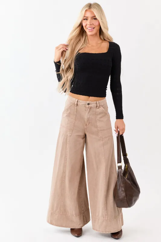 Light Chestnut Washed Palazzo Carpenter Denim Pants sold by Lime Lush