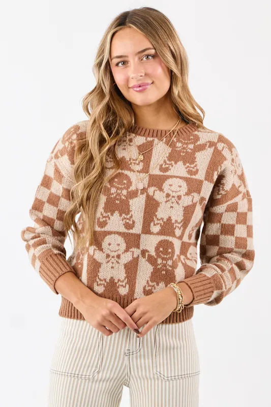 Cognac Gingerbread Checkered Graphic Sweater sold by Lime Lush