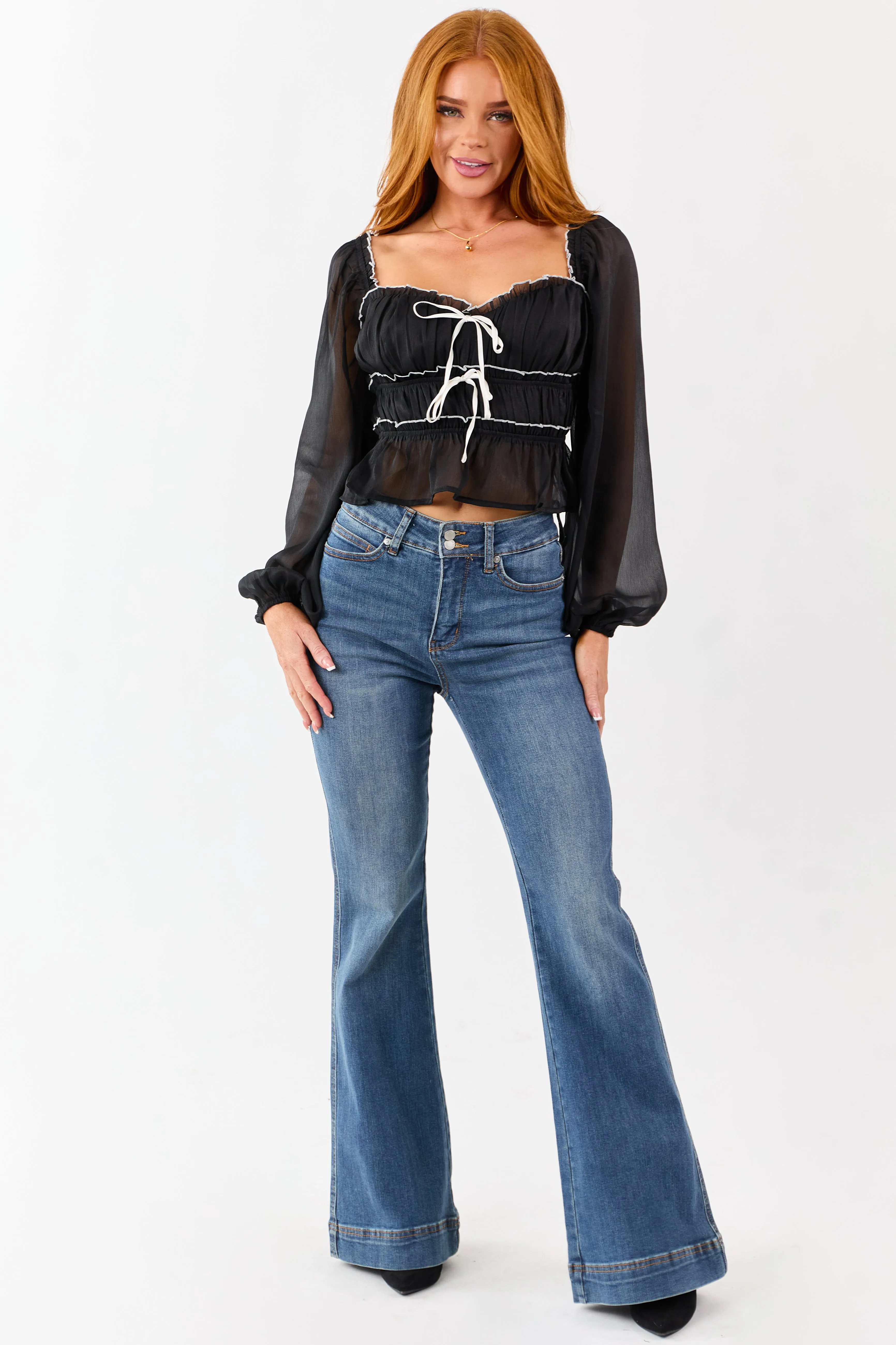 Black Tiered Bow Detail Lettuce Trim Long Sleeve Top sold by Lime Lush product image thumbnail 2