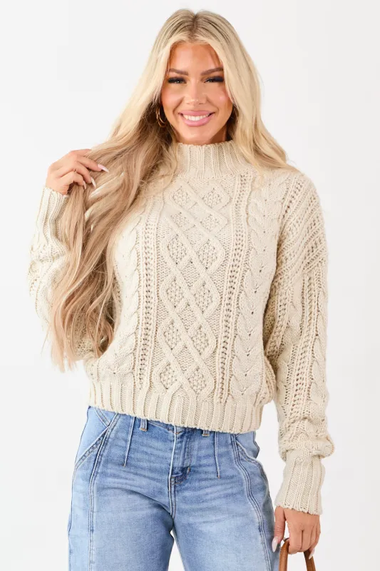 Cream Mock Neck Cable Knit Wool Blend Sweater sold by Lime Lush