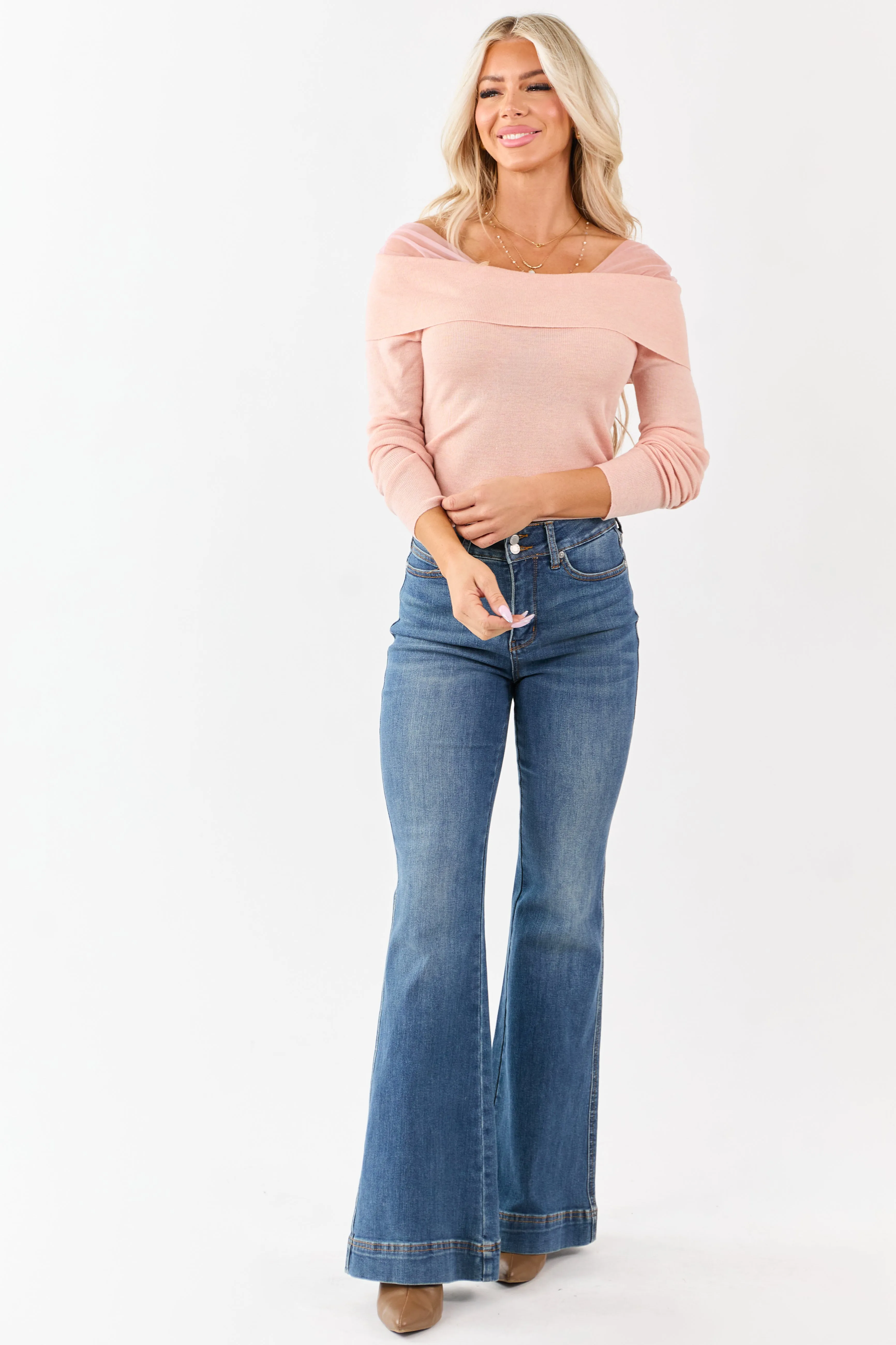 Tea Rose Cropped Off Shoulder Long Sleeve Knit Top sold by Lime Lush product image thumbnail 3